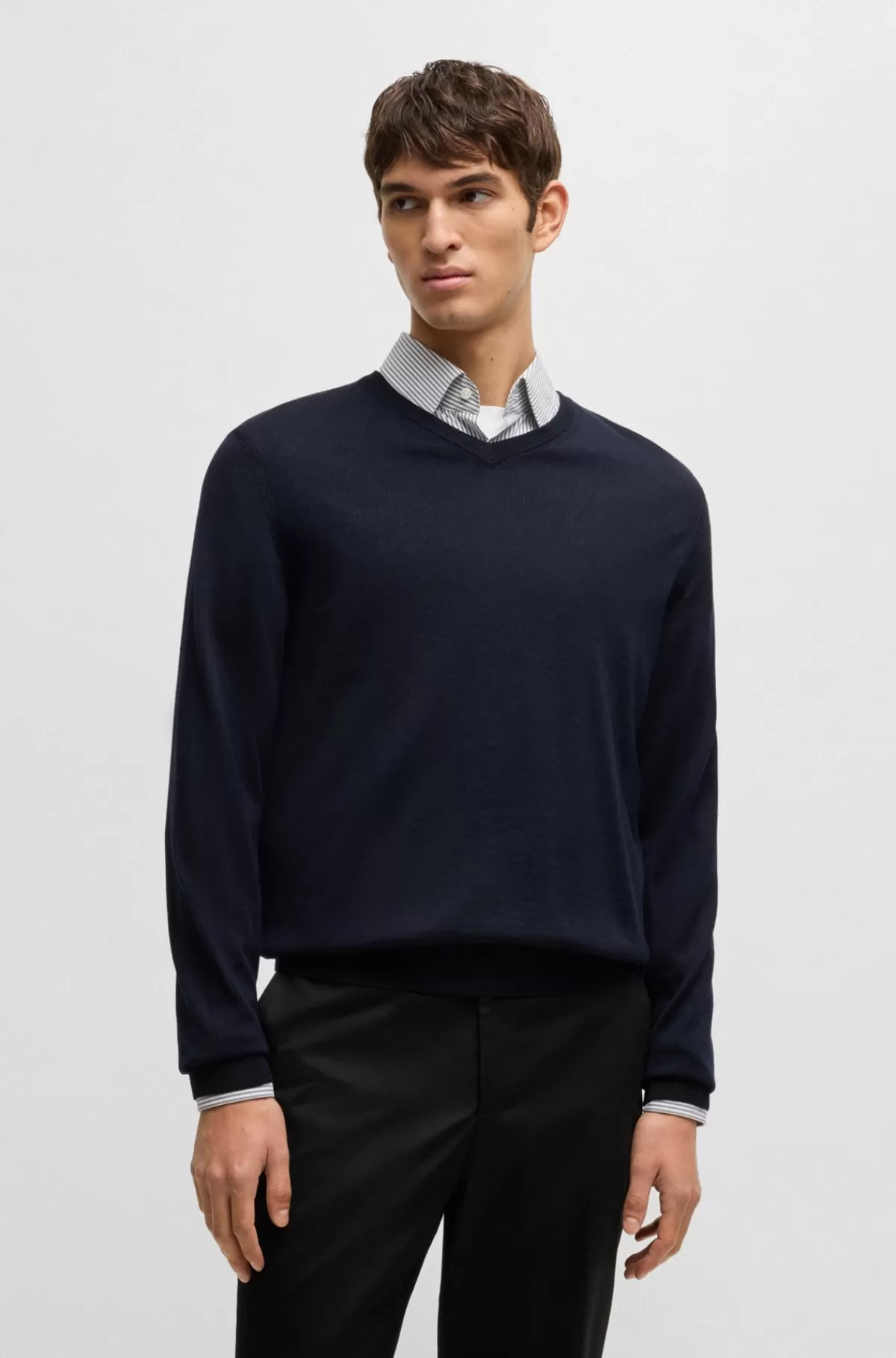 HUGO BOSS Sweater Med V-hals I Ny Uld Mørkeblå New