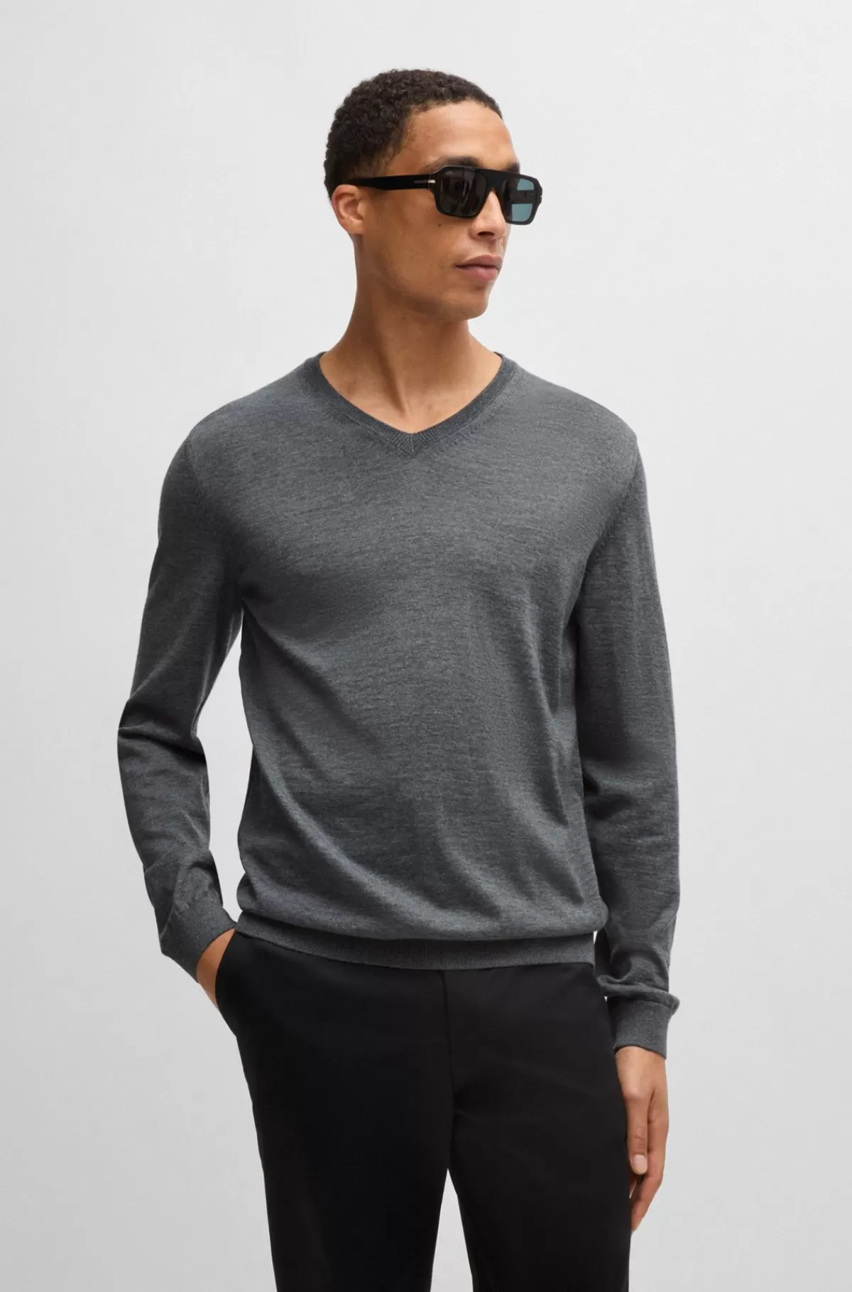 HUGO BOSS Sweater Med V-hals I Ny Uld Grå Cheap