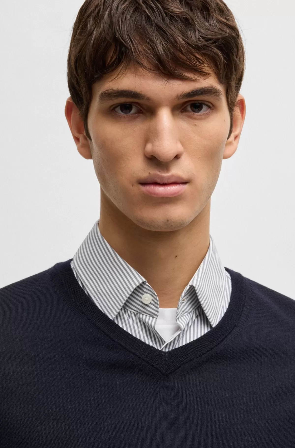 HUGO BOSS Sweater Med V-hals I Ny Uld Mørkeblå New