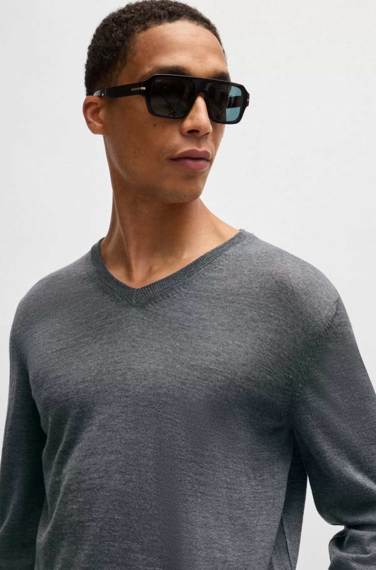 HUGO BOSS Sweater Med V-hals I Ny Uld Grå Cheap