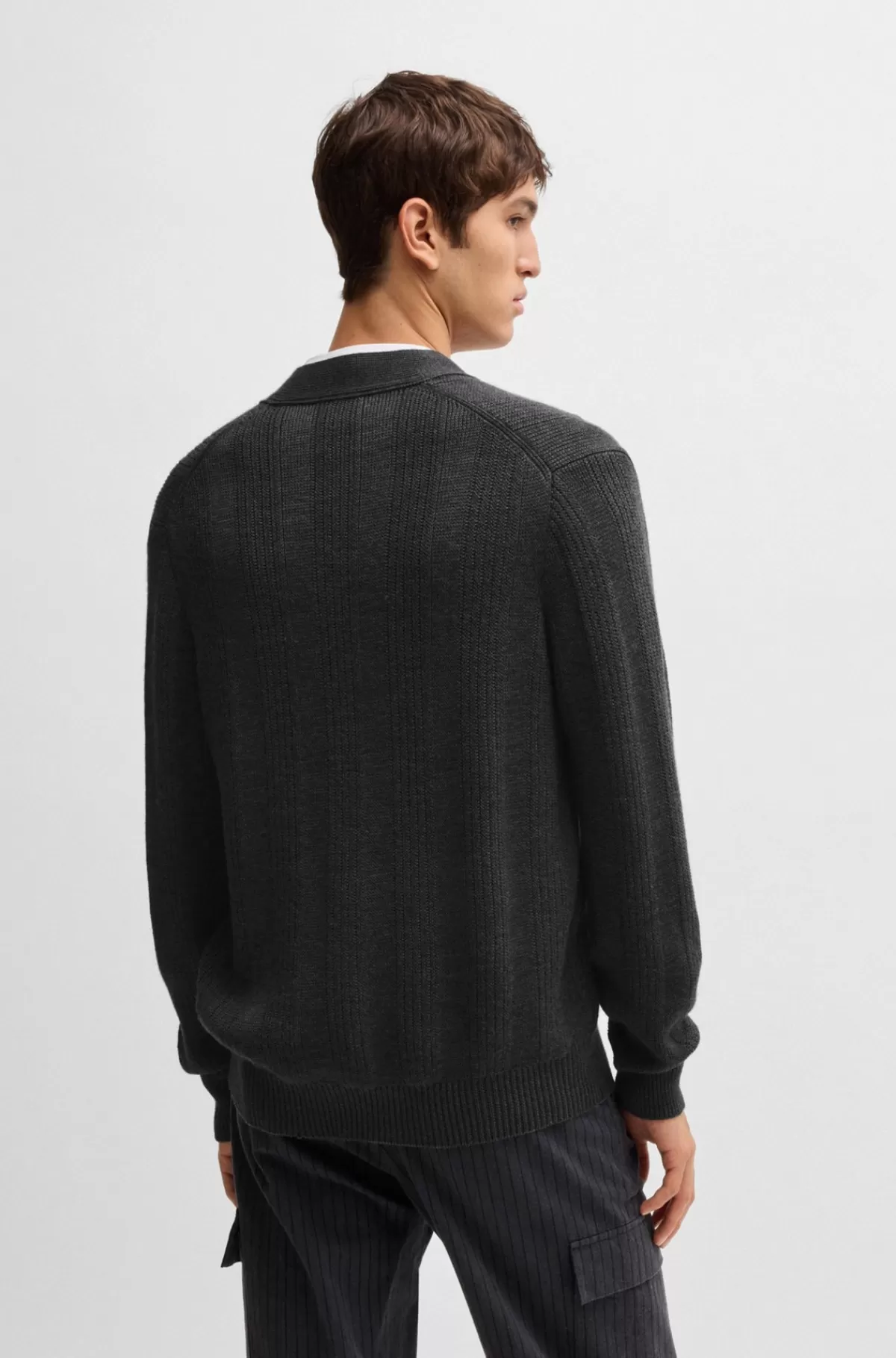 HUGO BOSS Sweater Med V-hals Og Forskellige Strukturer I Ny Uld Mørkegrå Online