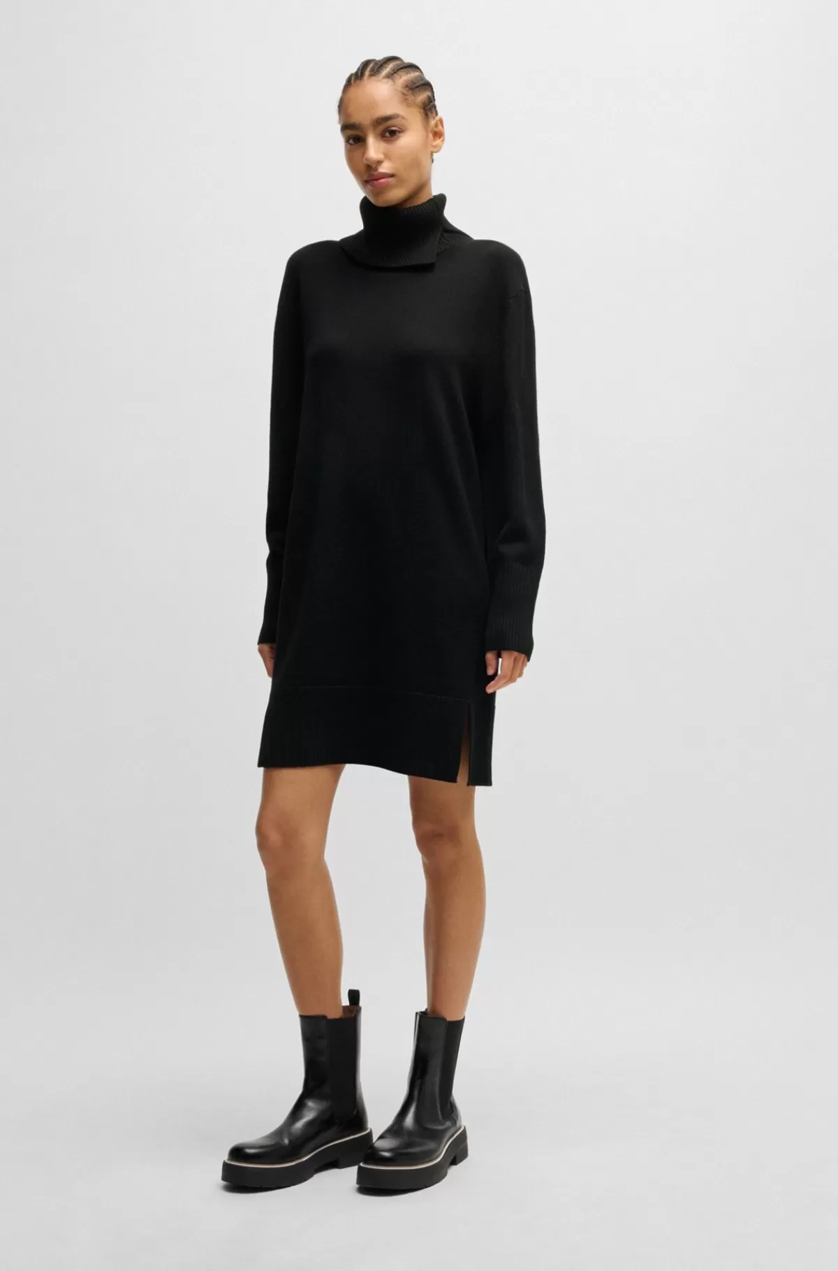 HUGO BOSS Sweaterkjole I Uldblanding Med Slids I Kraven Og Forneden Sort Outlet