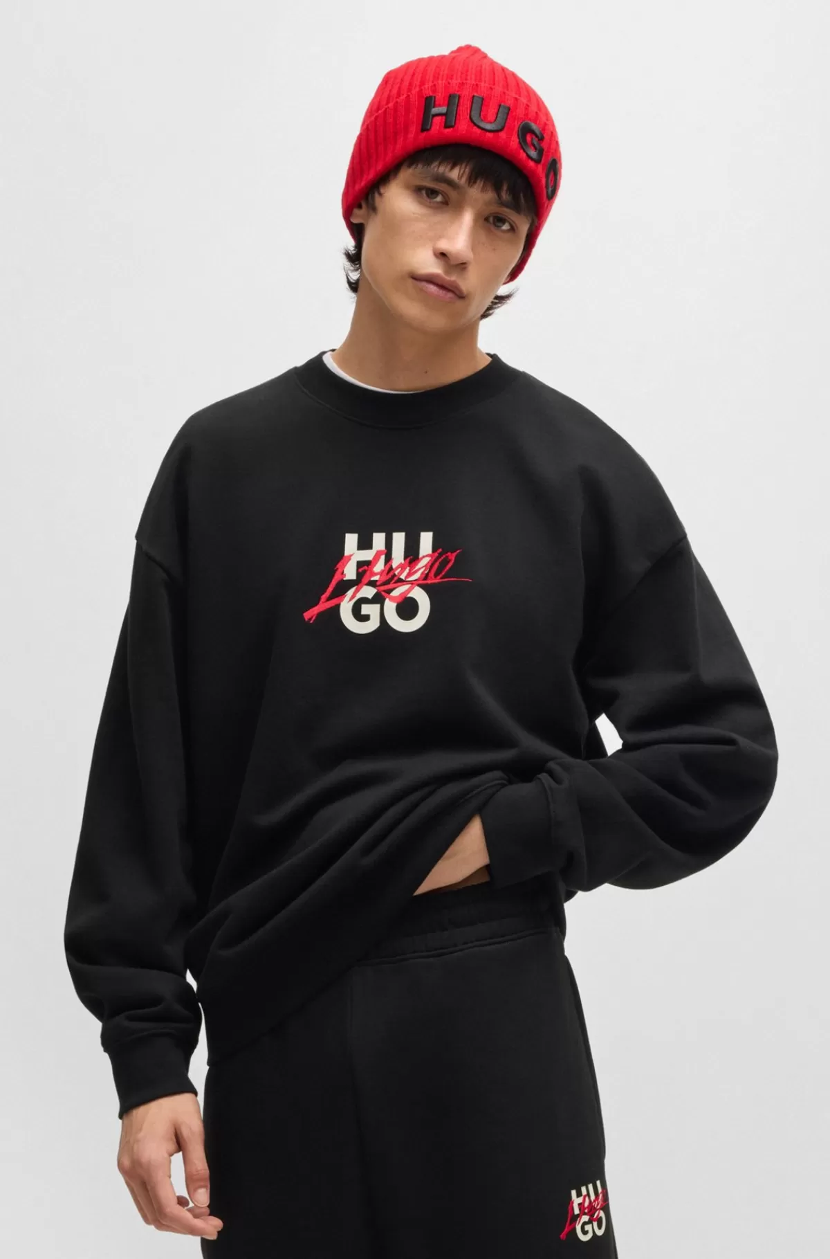 HUGO BOSS Sweatshirt Af Bomuld Med Relaxed Fit Og Dobbeltlogo Sort Discount