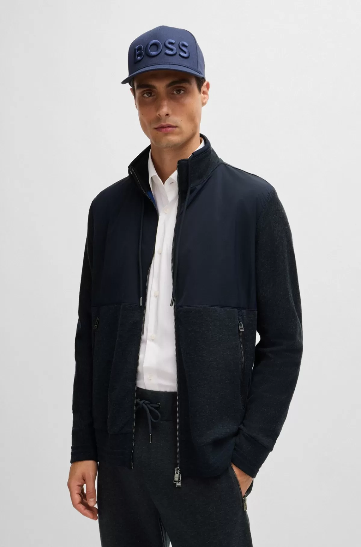 HUGO BOSS Sweatshirt I Blandede Materialer Med Regular Fit Og Lynlås Mørkeblå Sale