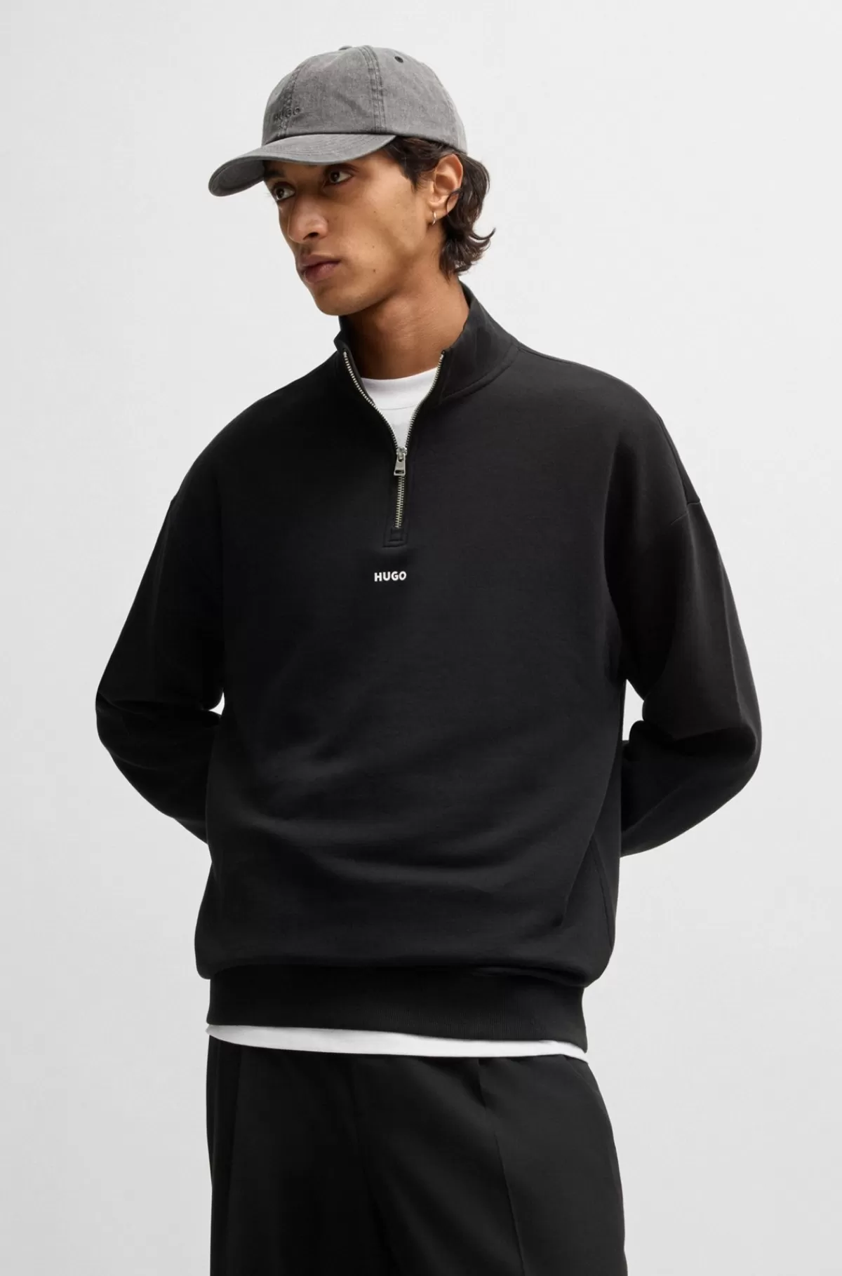 HUGO BOSS Sweatshirt I Bomuld Med Lynlås I Halsen Og Logoprint Sort Discount