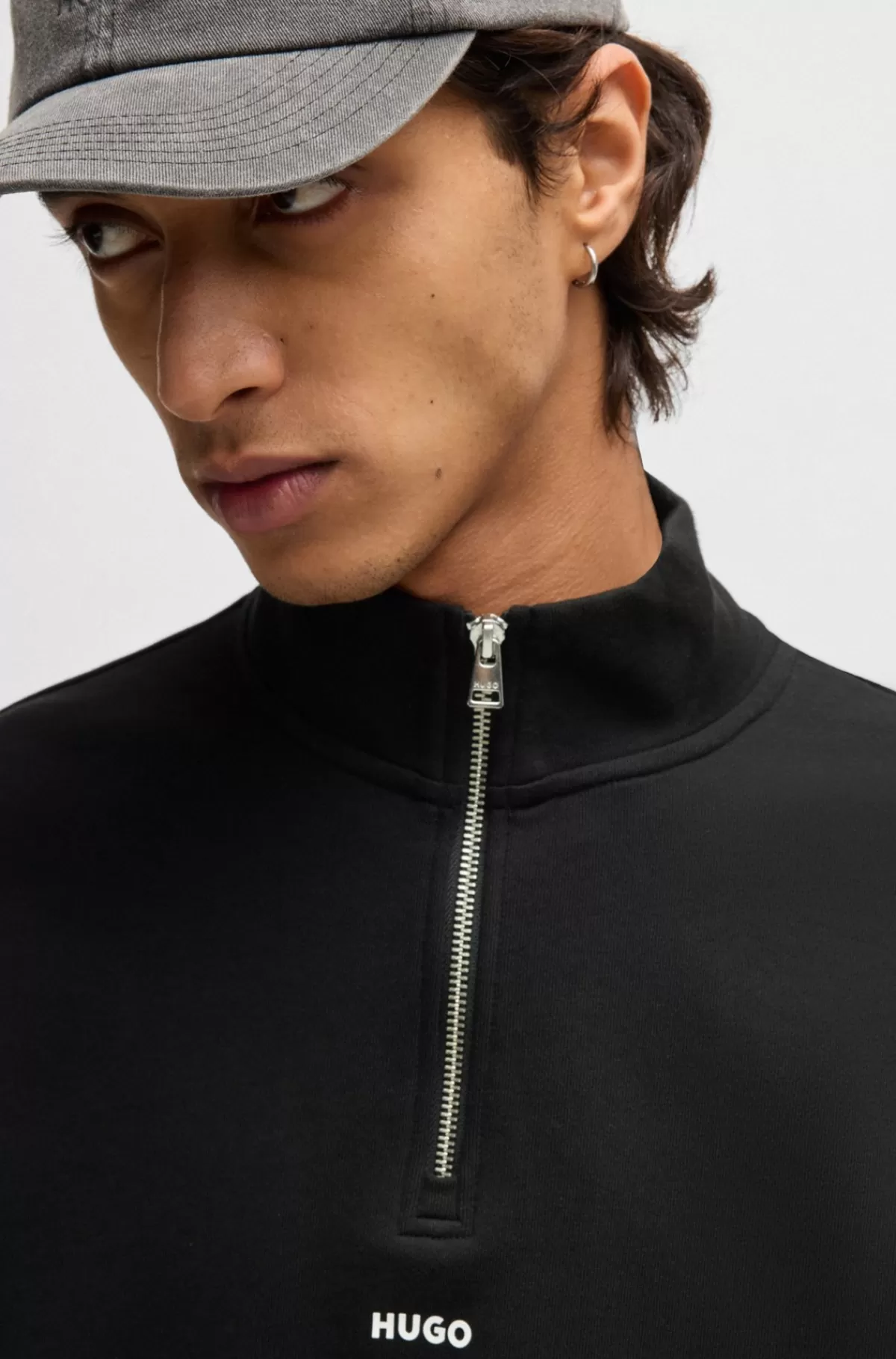 HUGO BOSS Sweatshirt I Bomuld Med Lynlås I Halsen Og Logoprint Sort Discount