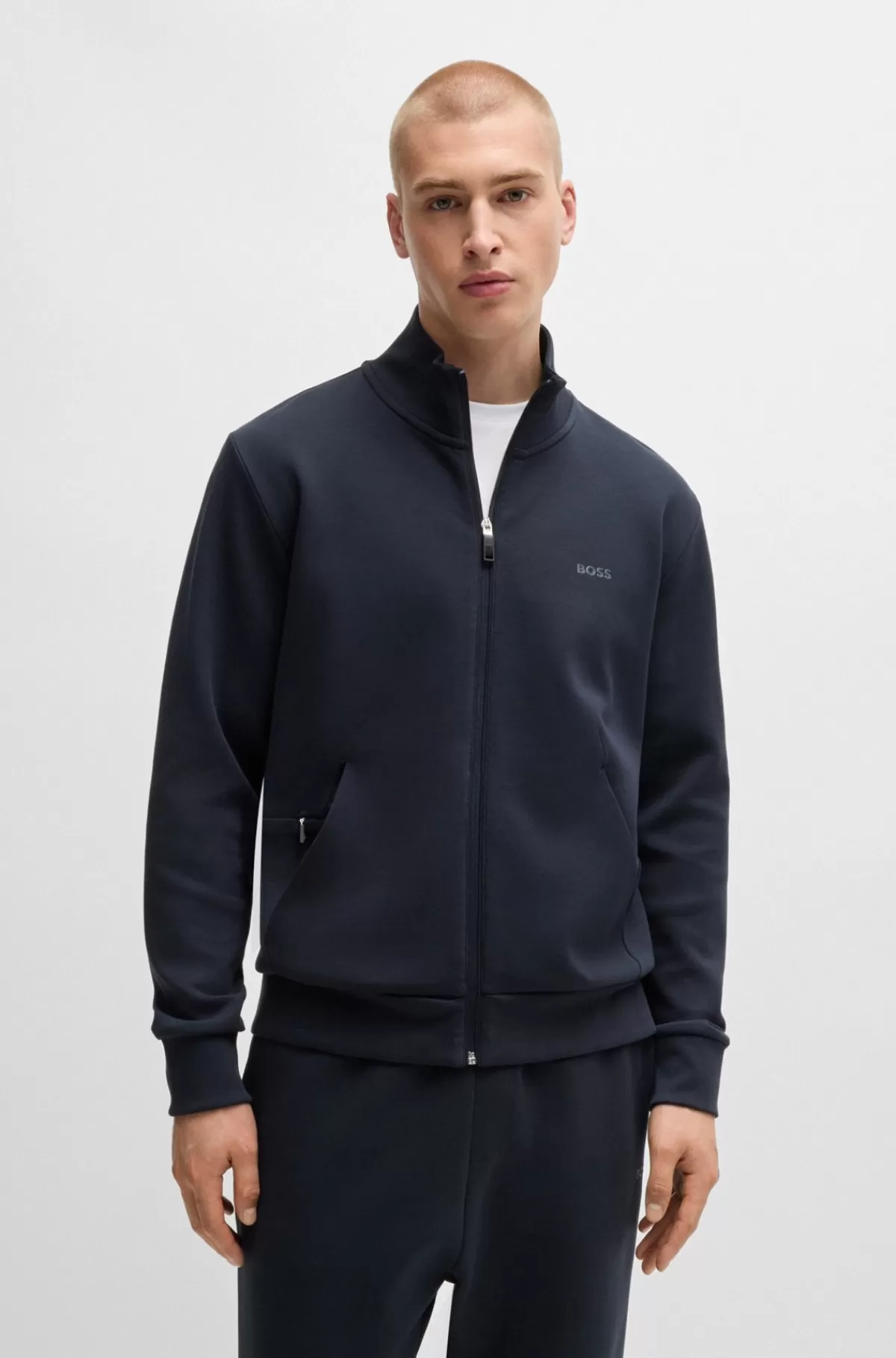 HUGO BOSS Sweatshirt I Bomuld Med Lynlås Og Skjult Lomme Mørkeblå Best Sale