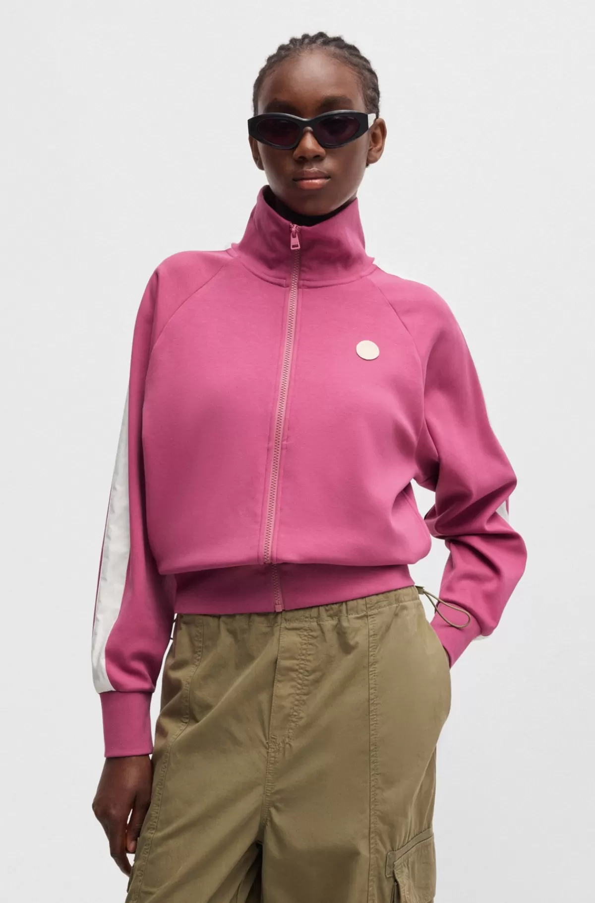 HUGO BOSS Sweatshirt I Bomuld Med Stræk, Lynlås Og Logobadge Pink Clearance