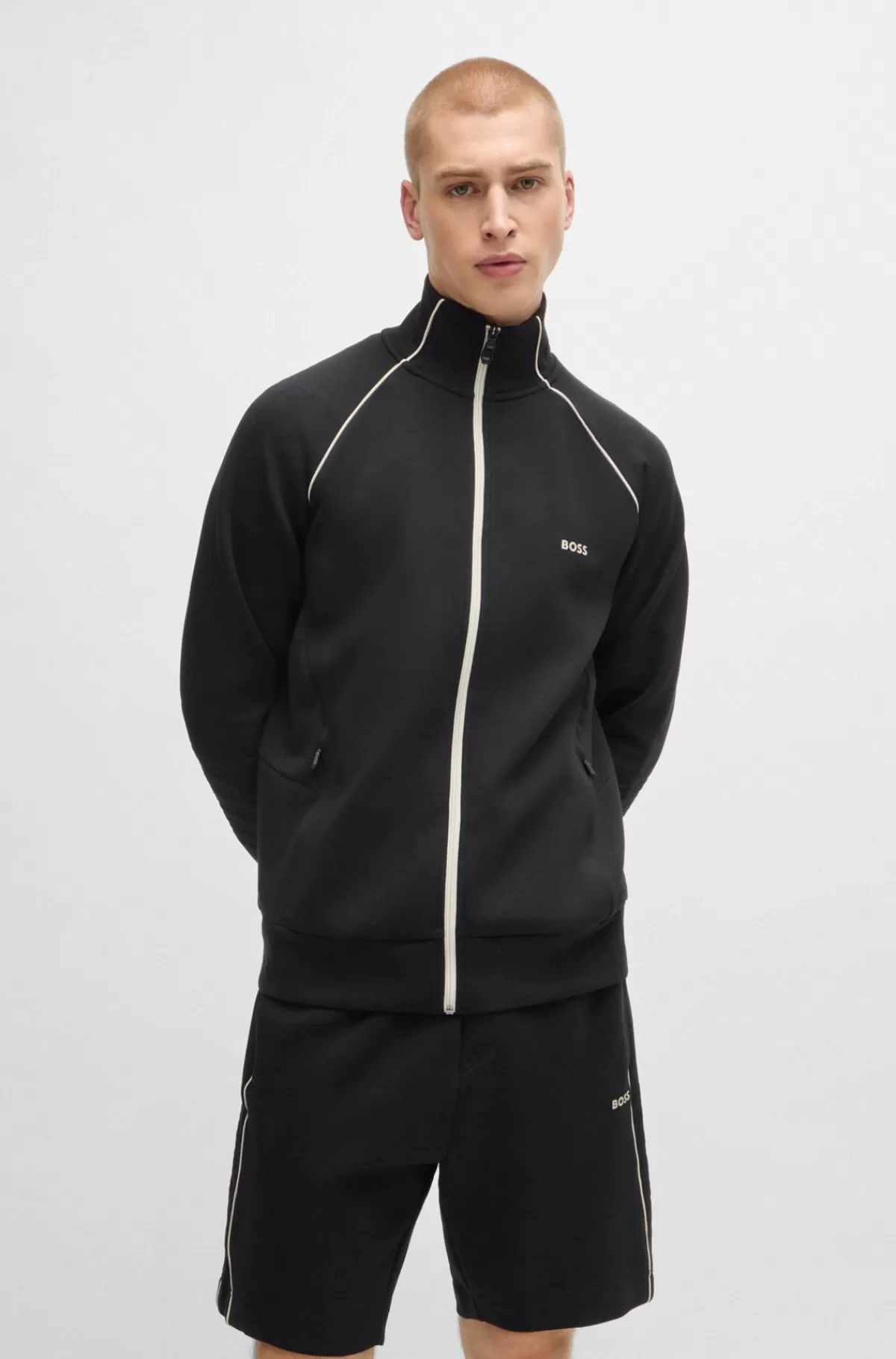 HUGO BOSS Sweatshirt I Bomuld Med Stræk, Lynlås, Paspolering Og Branding Sort Sale