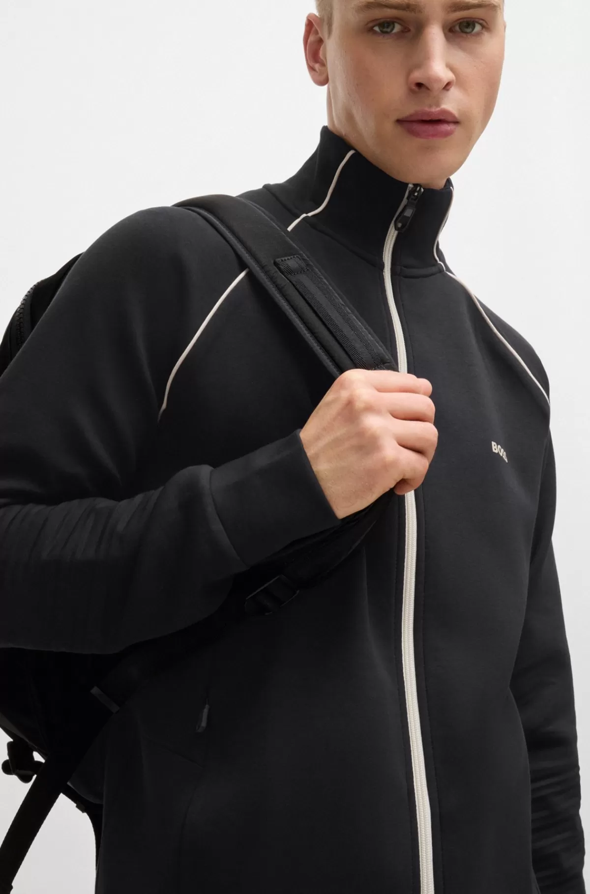 HUGO BOSS Sweatshirt I Bomuld Med Stræk, Lynlås, Paspolering Og Branding Sort Sale