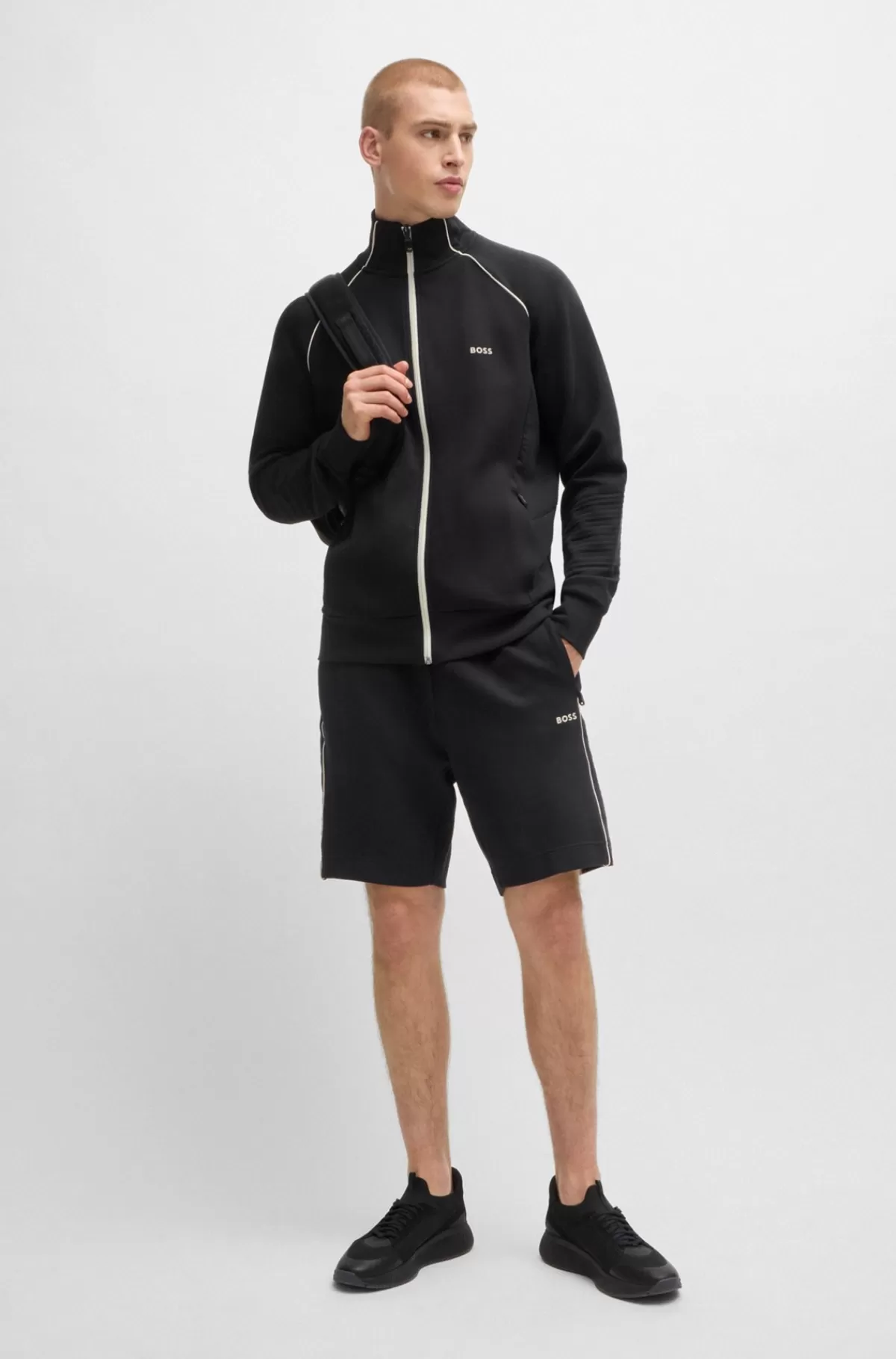 HUGO BOSS Sweatshirt I Bomuld Med Stræk, Lynlås, Paspolering Og Branding Sort Sale