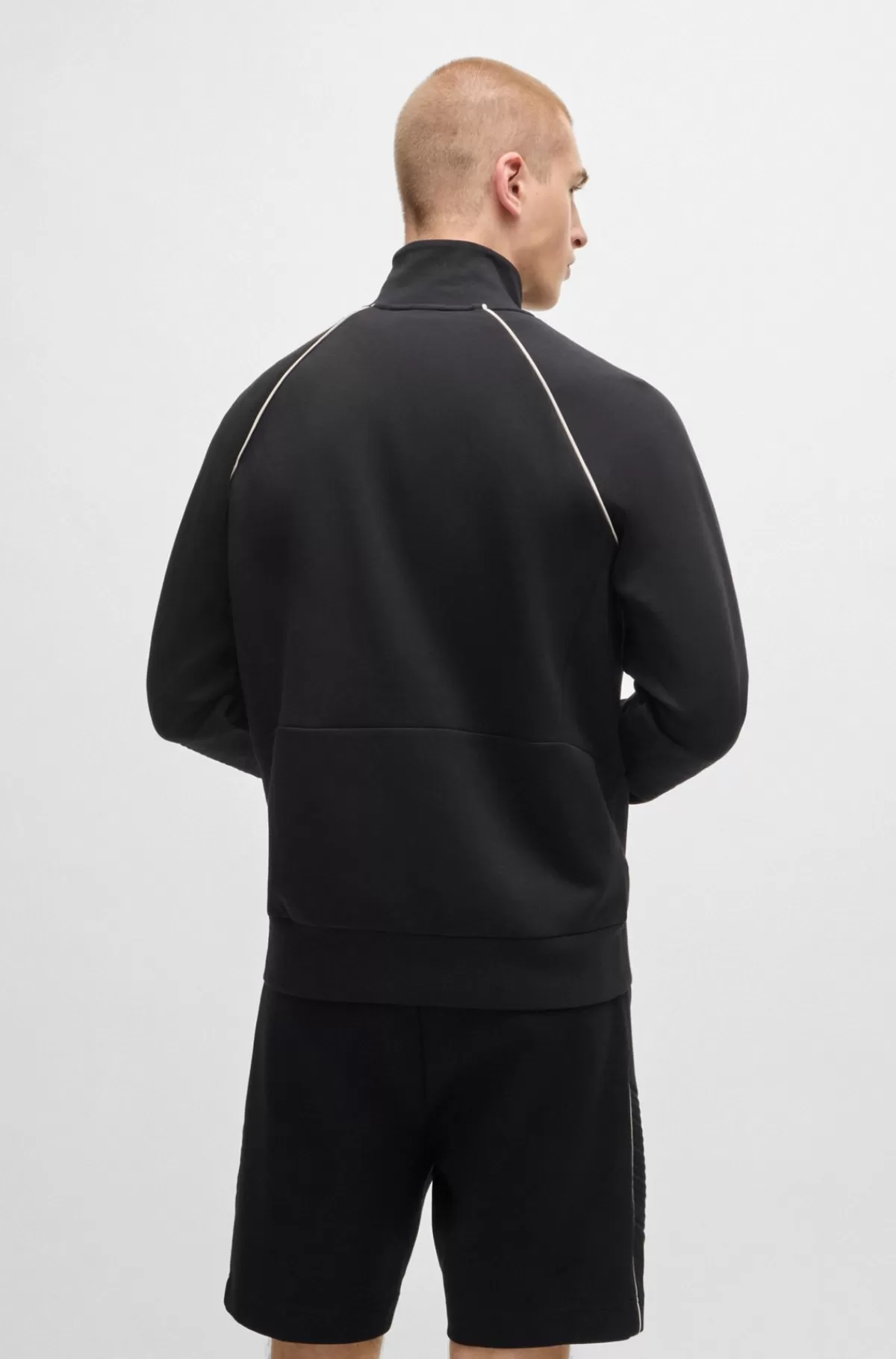 HUGO BOSS Sweatshirt I Bomuld Med Stræk, Lynlås, Paspolering Og Branding Sort Sale