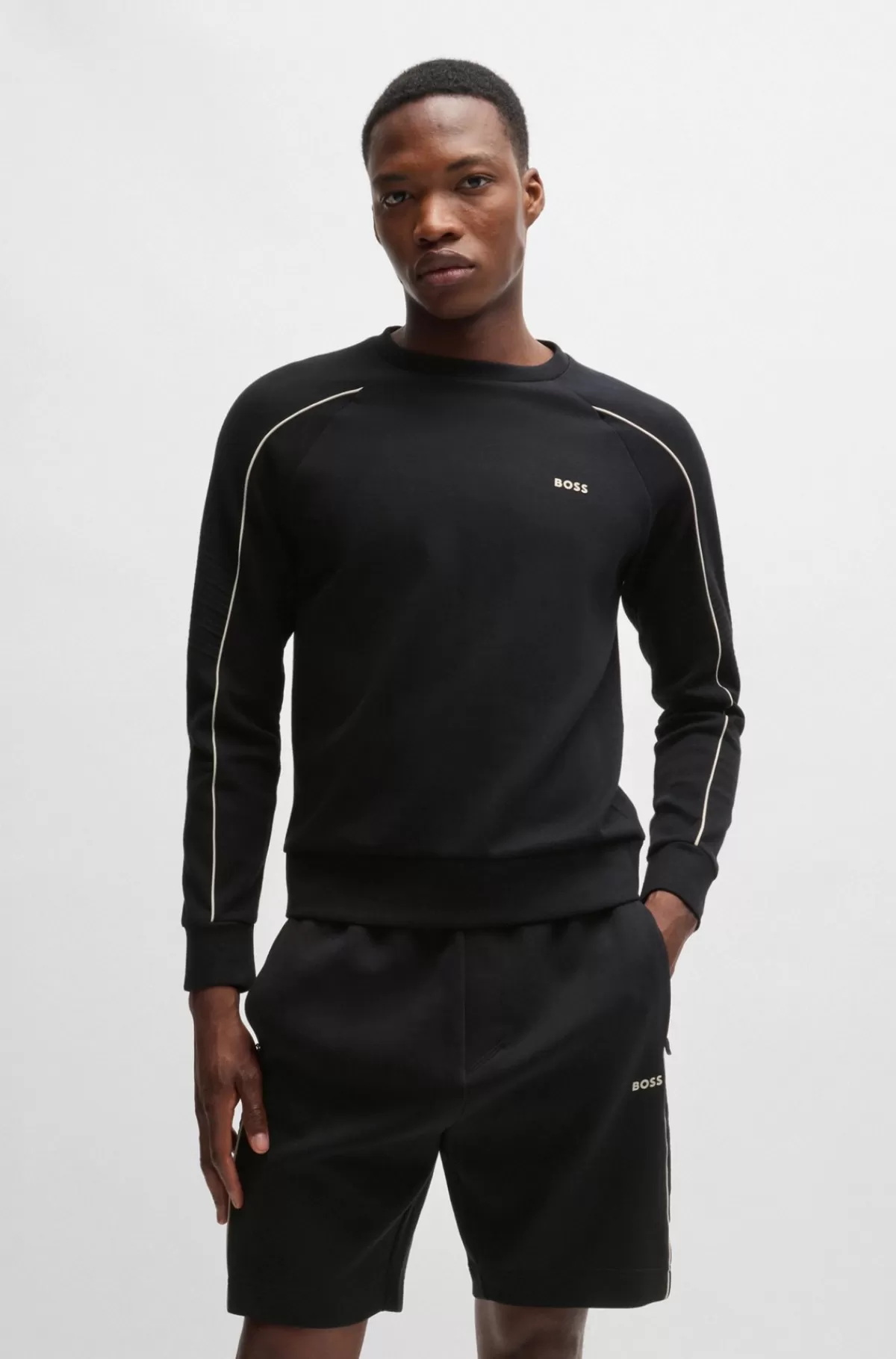 HUGO BOSS Sweatshirt I Bomuld Med Stræk, Regular Fit Og Grafisk Prægning Sort Discount