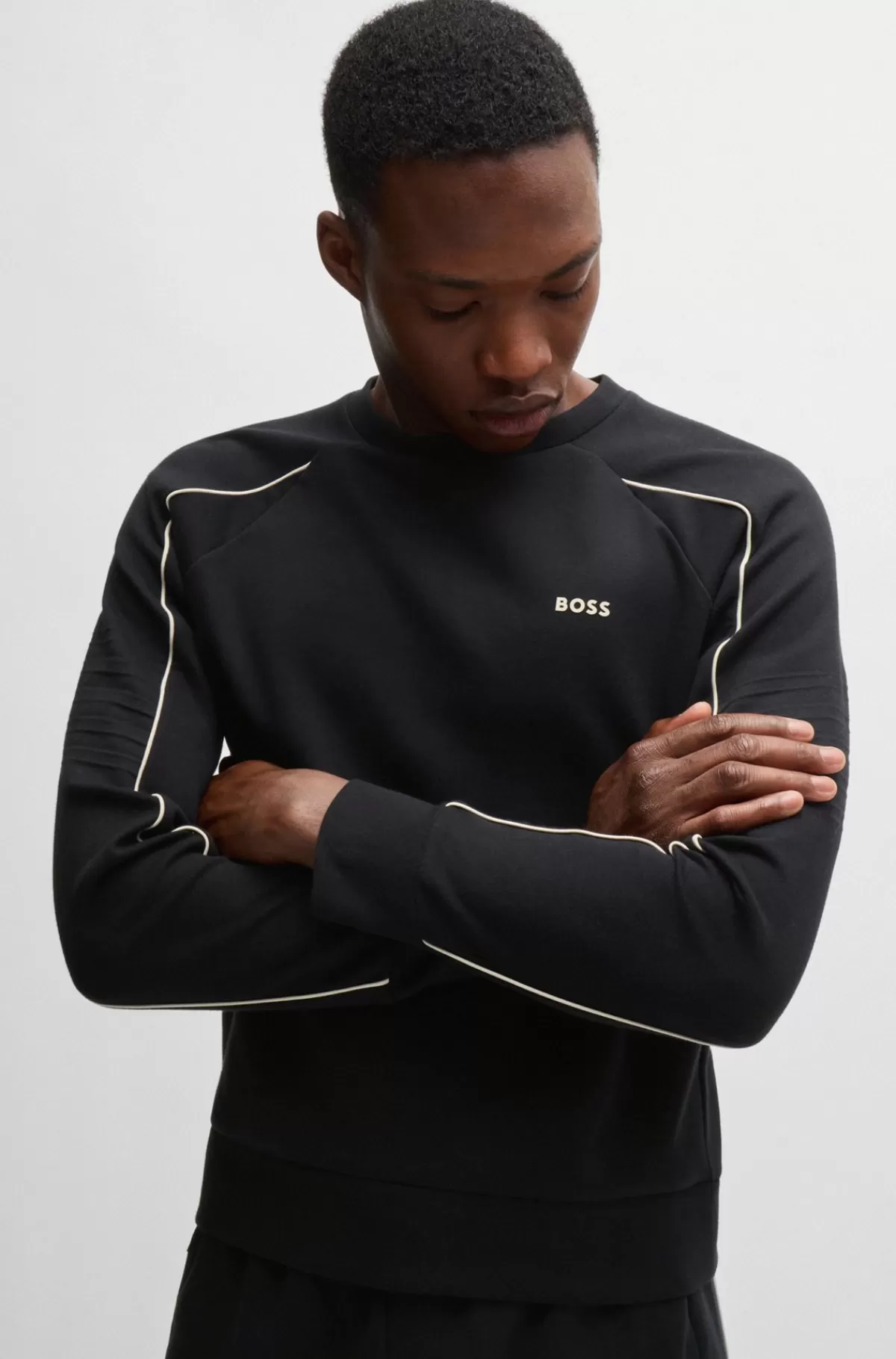 HUGO BOSS Sweatshirt I Bomuld Med Stræk, Regular Fit Og Grafisk Prægning Sort Discount