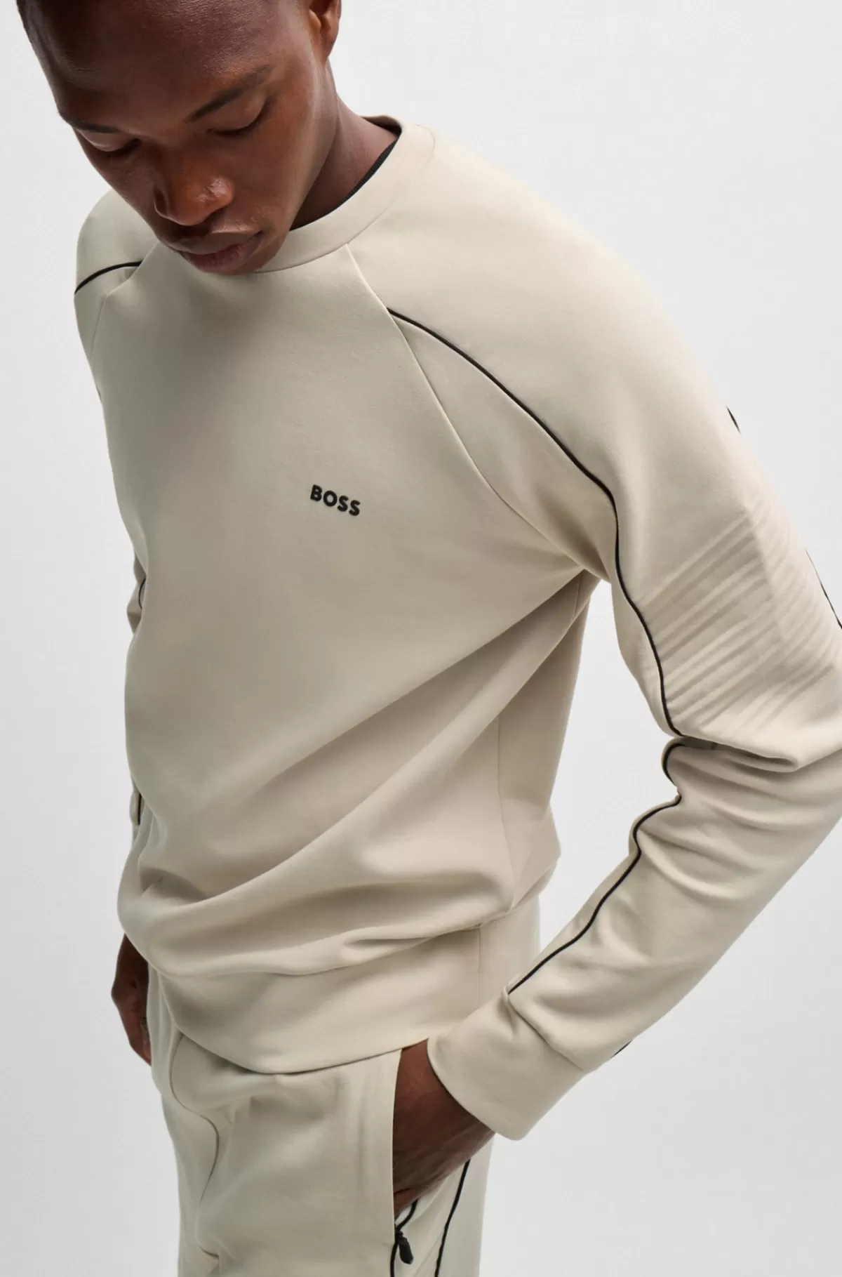 HUGO BOSS Sweatshirt I Bomuld Med Stræk, Regular Fit Og Grafisk Prægning Naturlig Flash Sale