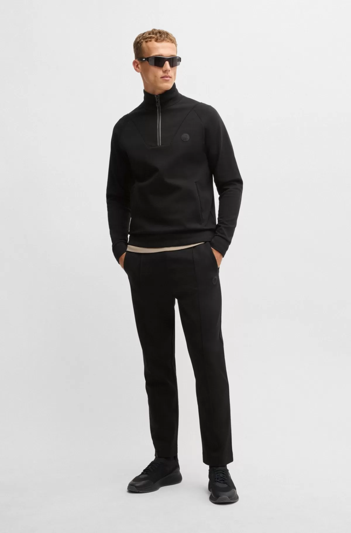 HUGO BOSS Sweatshirt I Bomuldsblanding Med Dobbelt B-monogram Og Lynlås I Halsen Sort Fashion