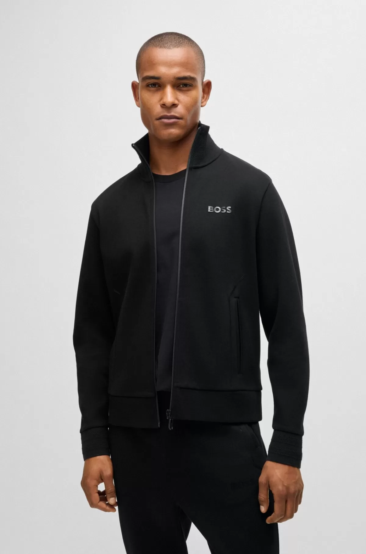 HUGO BOSS Sweatshirt I Bomuldsblanding Med Jacquardkrave Og ærmekanter Sort Discount