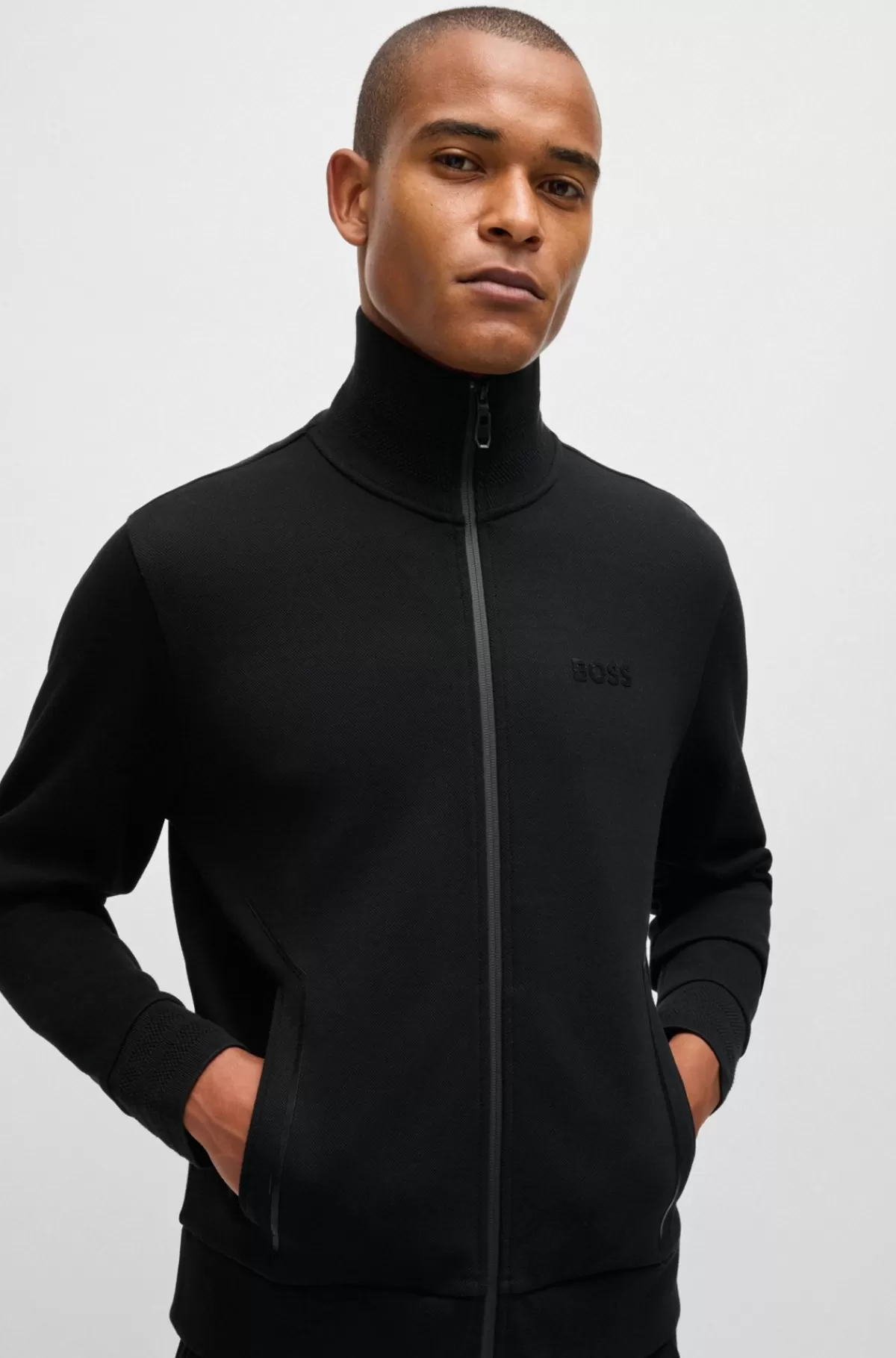 HUGO BOSS Sweatshirt I Bomuldsblanding Med Jacquardkrave Og ærmekanter Sort Discount