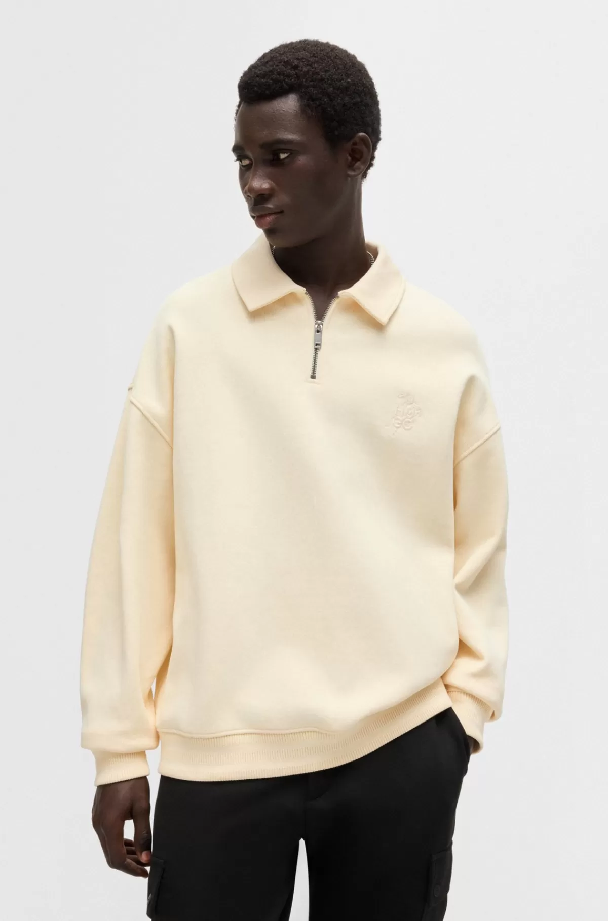 HUGO BOSS Sweatshirt I Bomuldsblanding Med Lynlås I Halsen Og Blomstret Logo Lys beige Discount