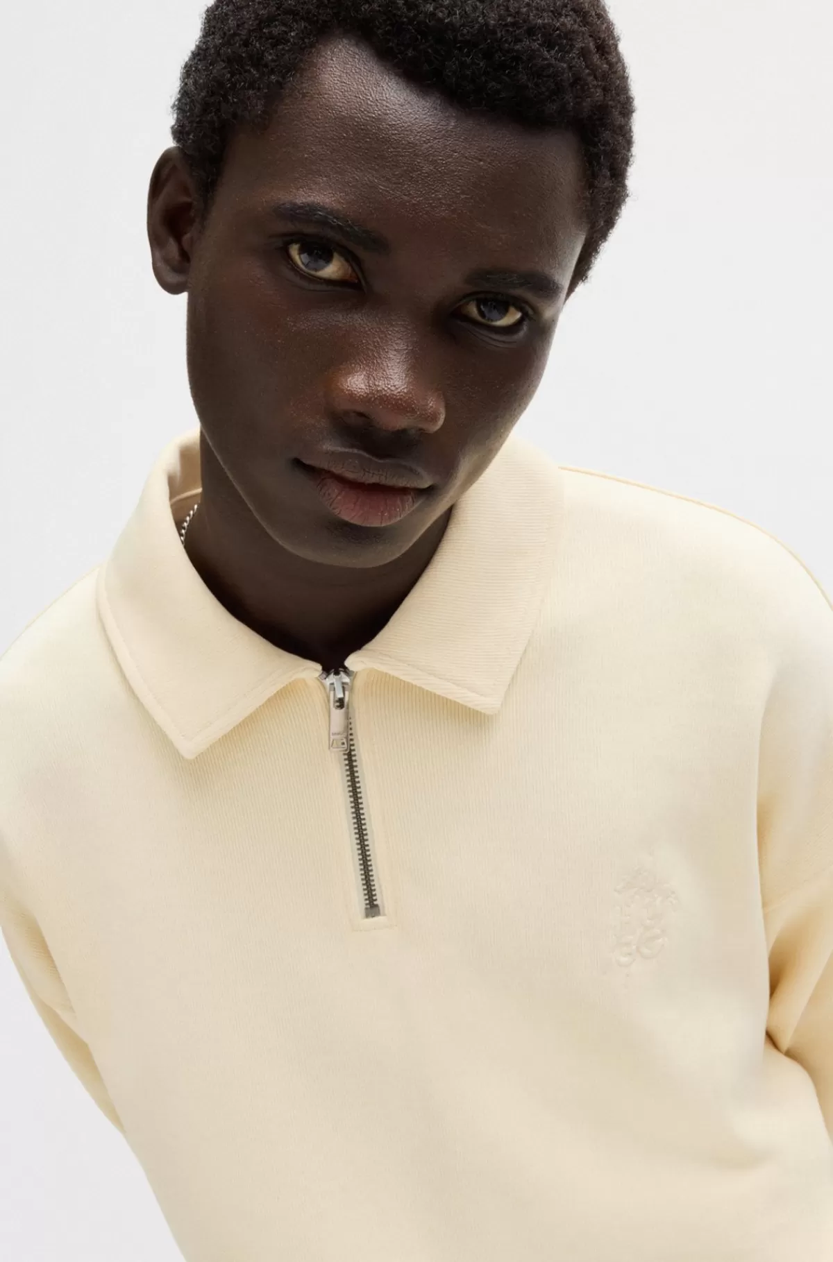 HUGO BOSS Sweatshirt I Bomuldsblanding Med Lynlås I Halsen Og Blomstret Logo Lys beige Discount