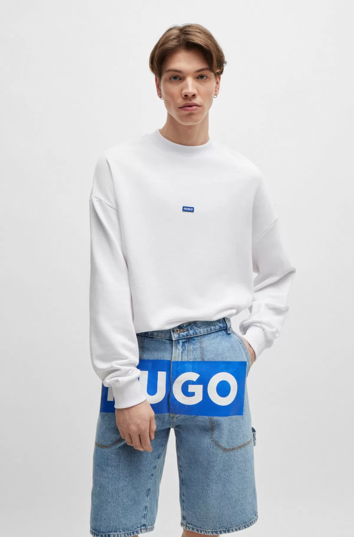 HUGO BOSS Sweatshirt I Bomuldsfrotté Med Blåt Logomærke Hvid Cheap