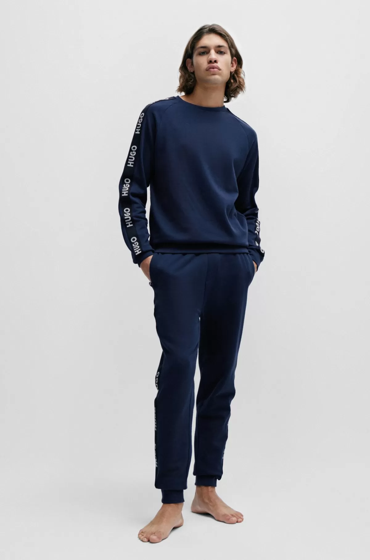 HUGO BOSS Sweatshirt I Bomuldsfrotté Med Logobånd Og Ribbede Manchetter Mørkeblå Discount