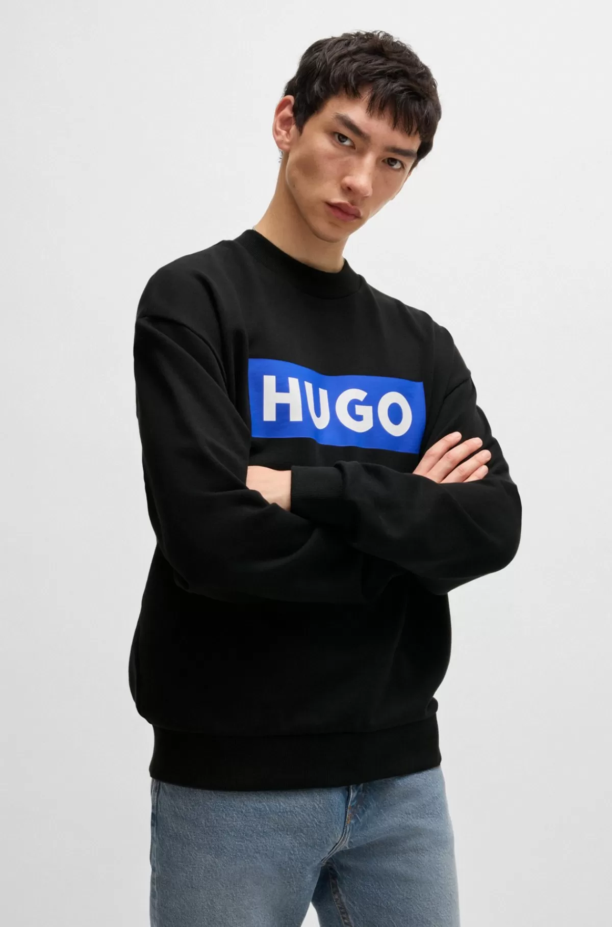 HUGO BOSS Sweatshirt I Bomuldsfrotté Med Logoprint Sort New
