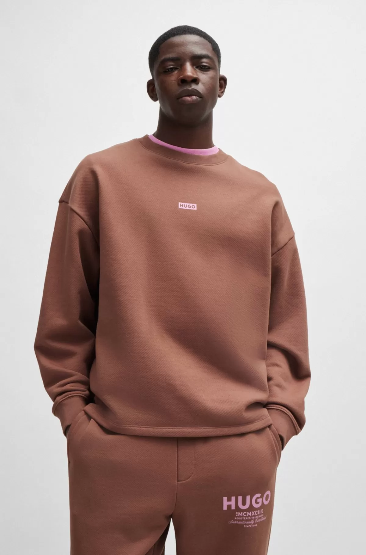 HUGO BOSS Sweatshirt I Bomuldsfrotté Med Logoprint Brun Best Sale