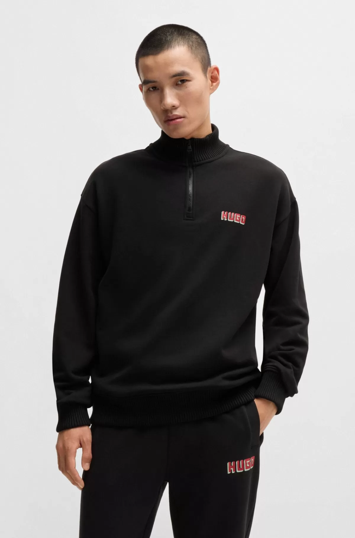 HUGO BOSS Sweatshirt I Bomuldsfrotté Med Logoprint Og Lynlås I Halsen Sort Hot