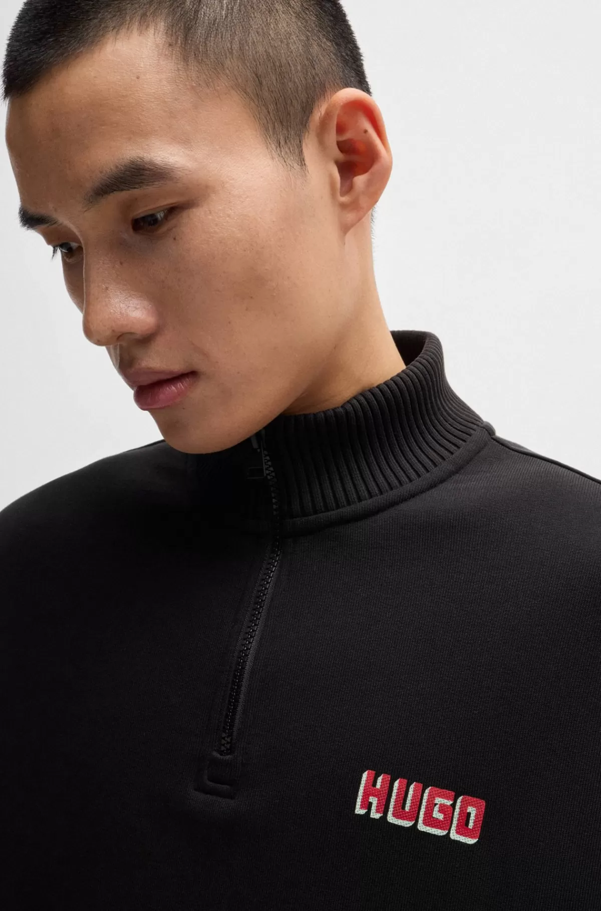 HUGO BOSS Sweatshirt I Bomuldsfrotté Med Logoprint Og Lynlås I Halsen Sort Hot