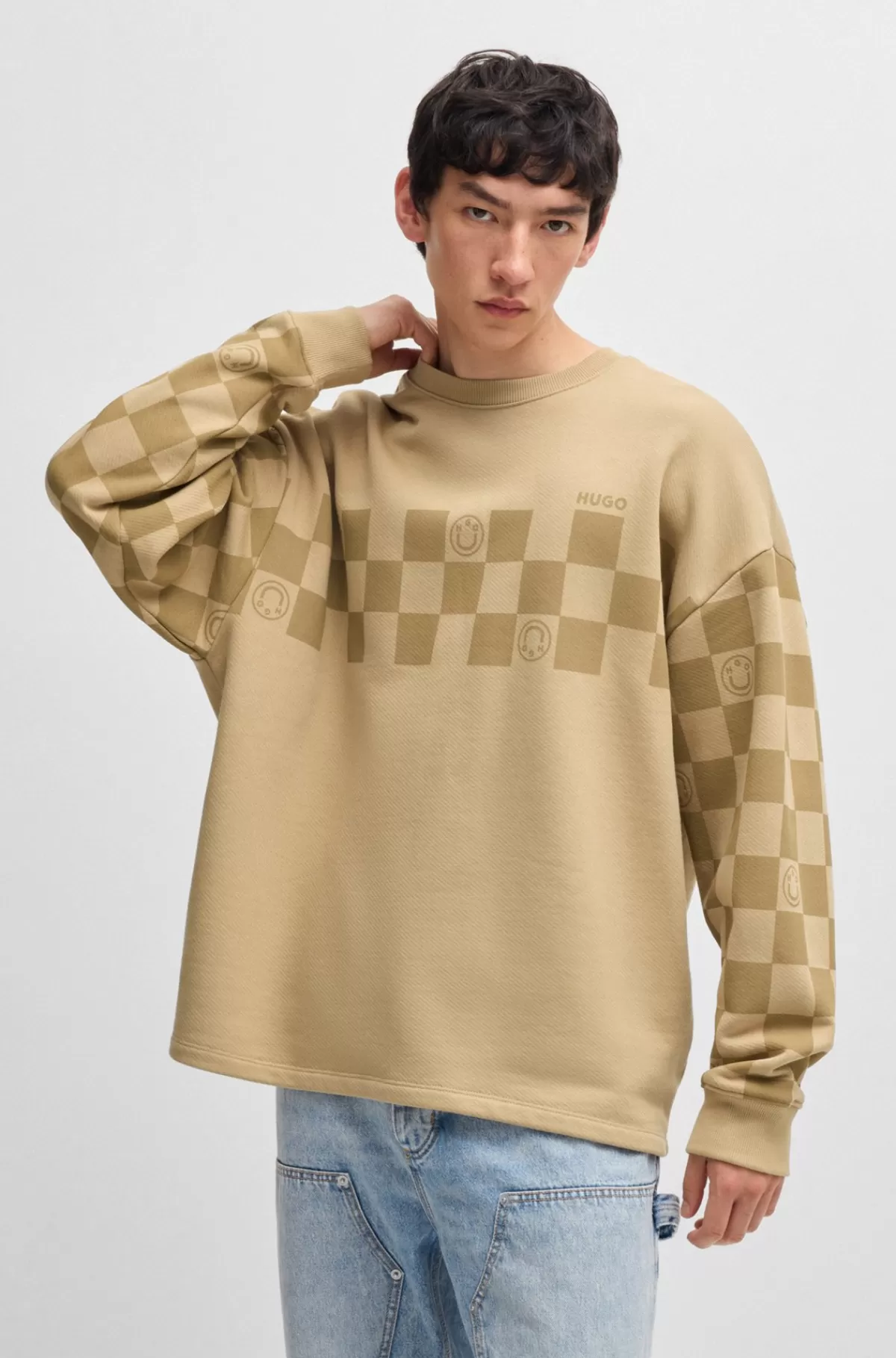 HUGO BOSS Sweatshirt I Bomuldsfrotté Med Løst Fit Og Skakternet Print Beige New