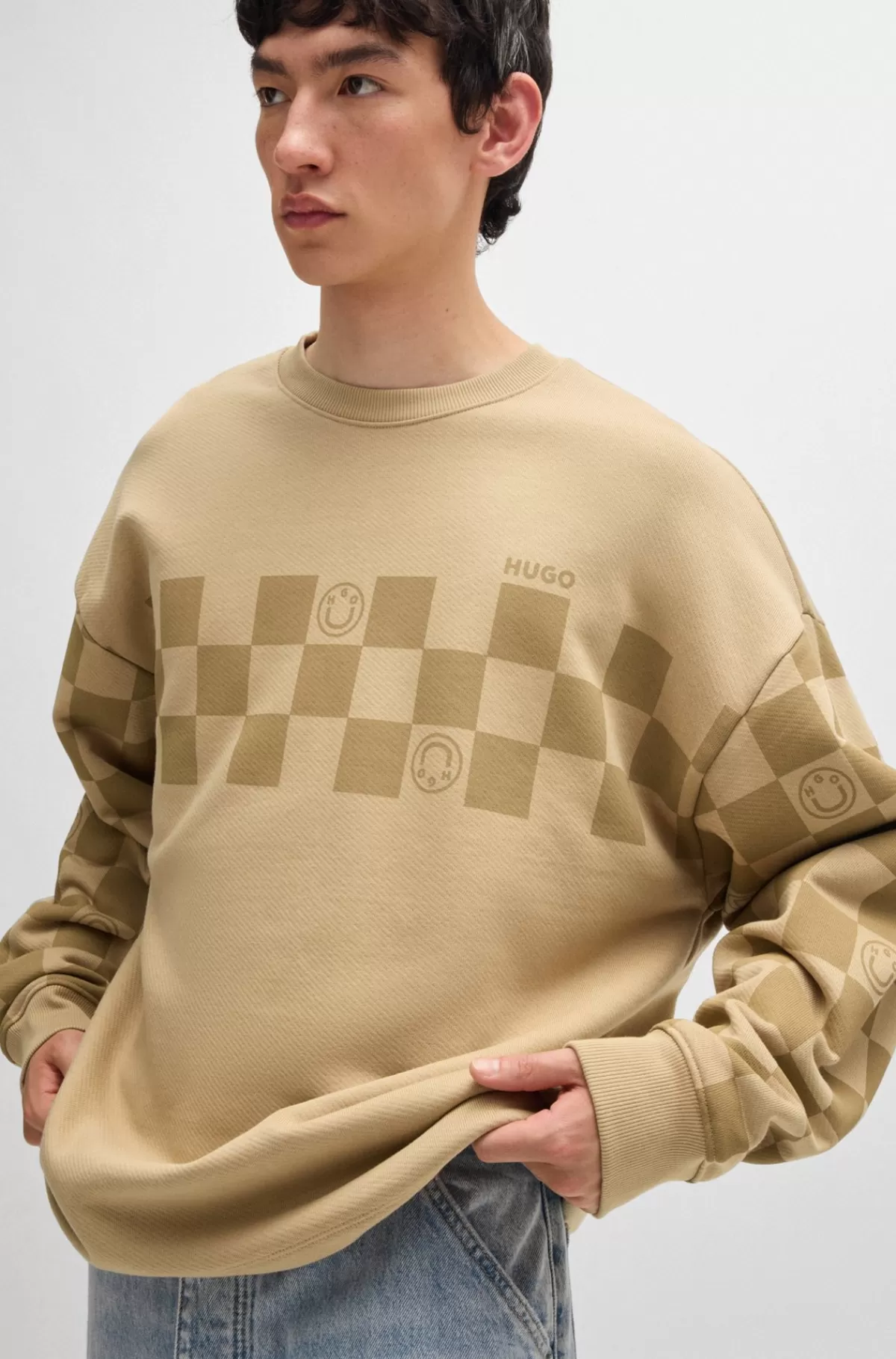 HUGO BOSS Sweatshirt I Bomuldsfrotté Med Løst Fit Og Skakternet Print Beige New