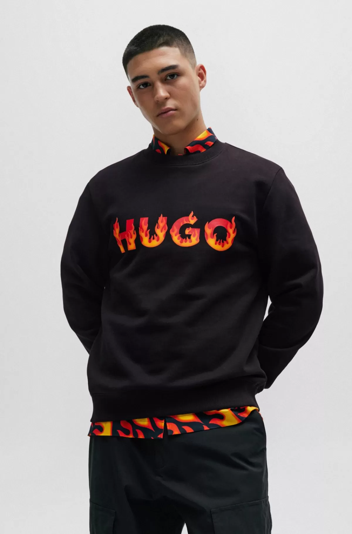 HUGO BOSS Sweatshirt I Bomuldsfrotté Med Tykt Flammelogo Sort Store
