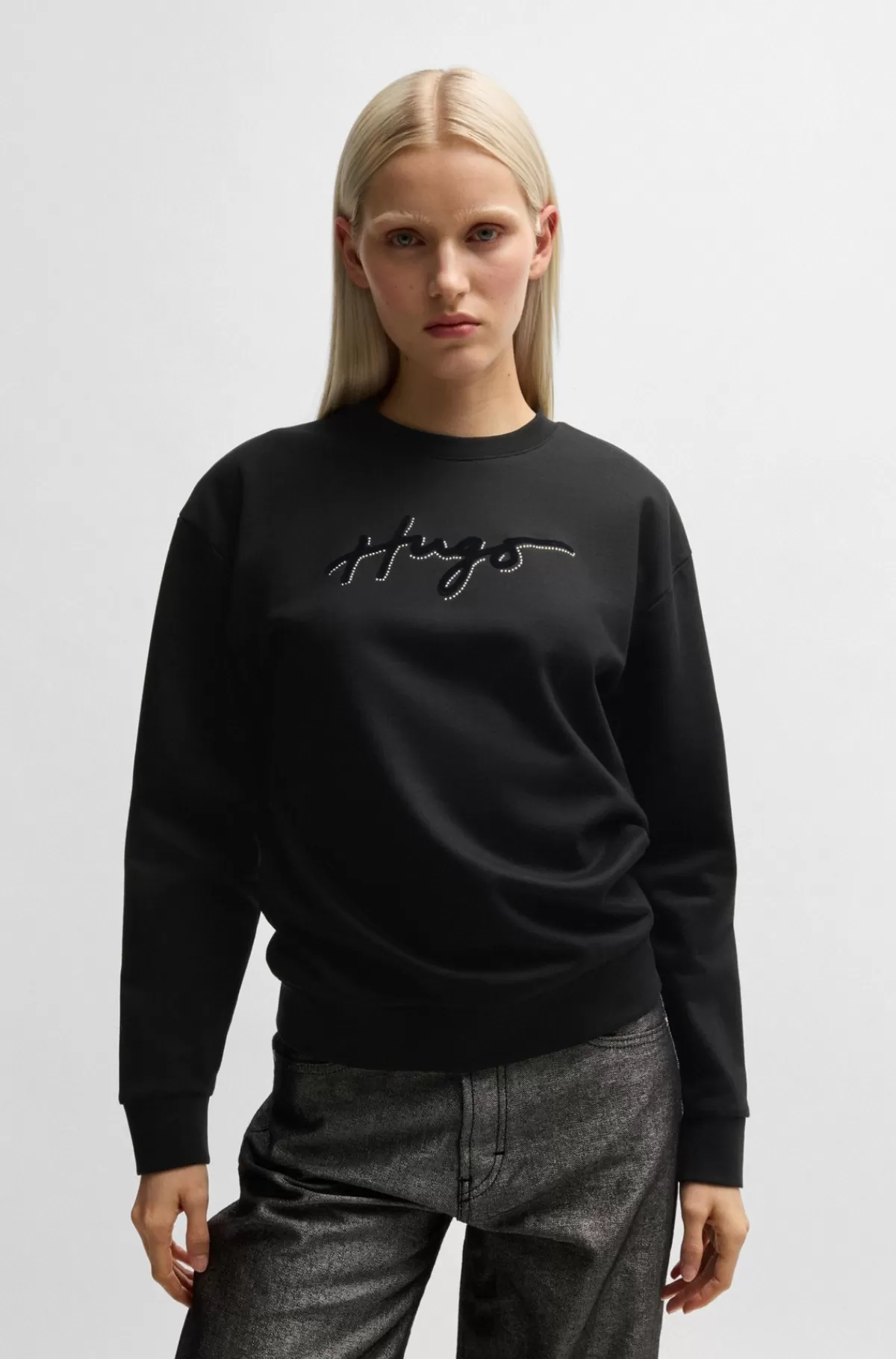 HUGO BOSS Sweatshirt I Bomuldsfrotté Med Velourprint Og Rhinsten Sort Cheap