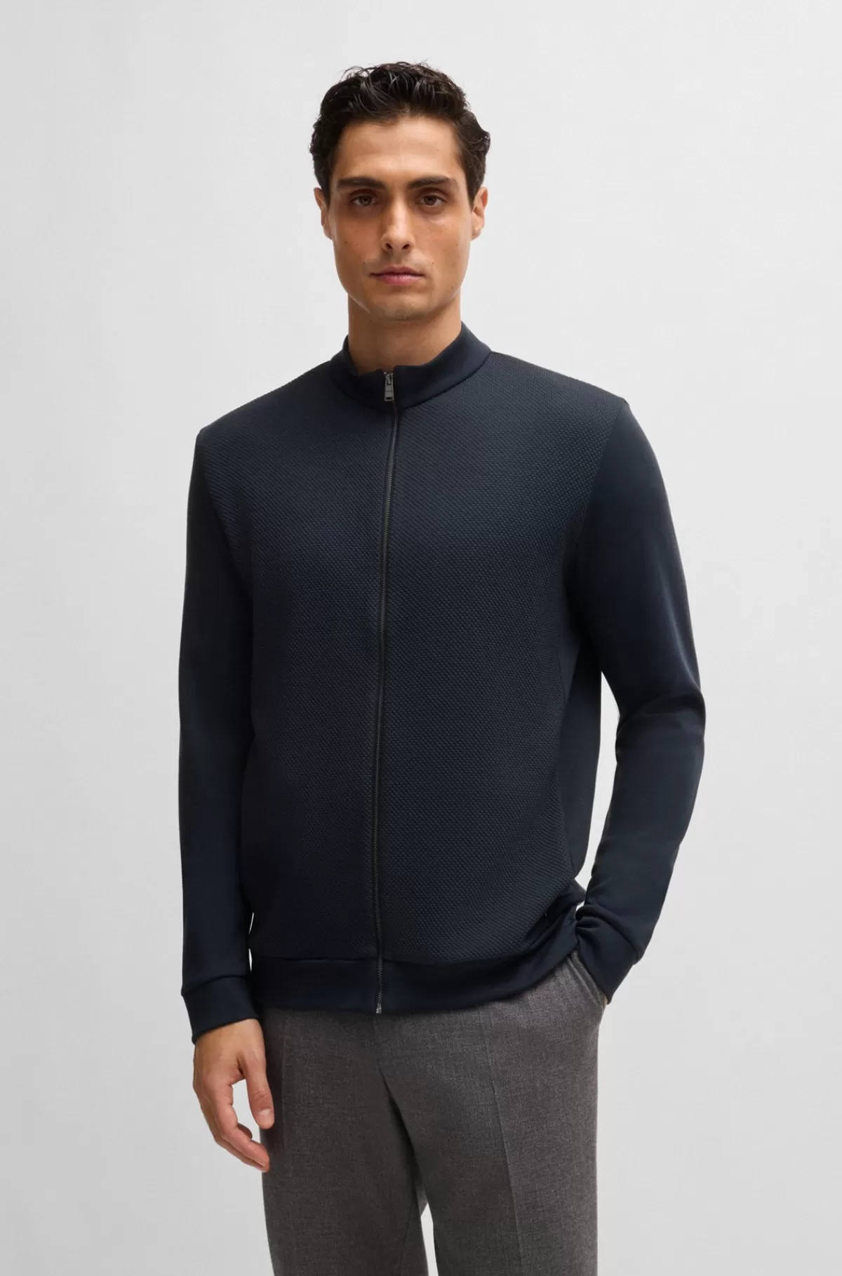 HUGO BOSS Sweatshirt I Pima-bomuld Med Lynlås Og Struktureret Front Mørkeblå Online