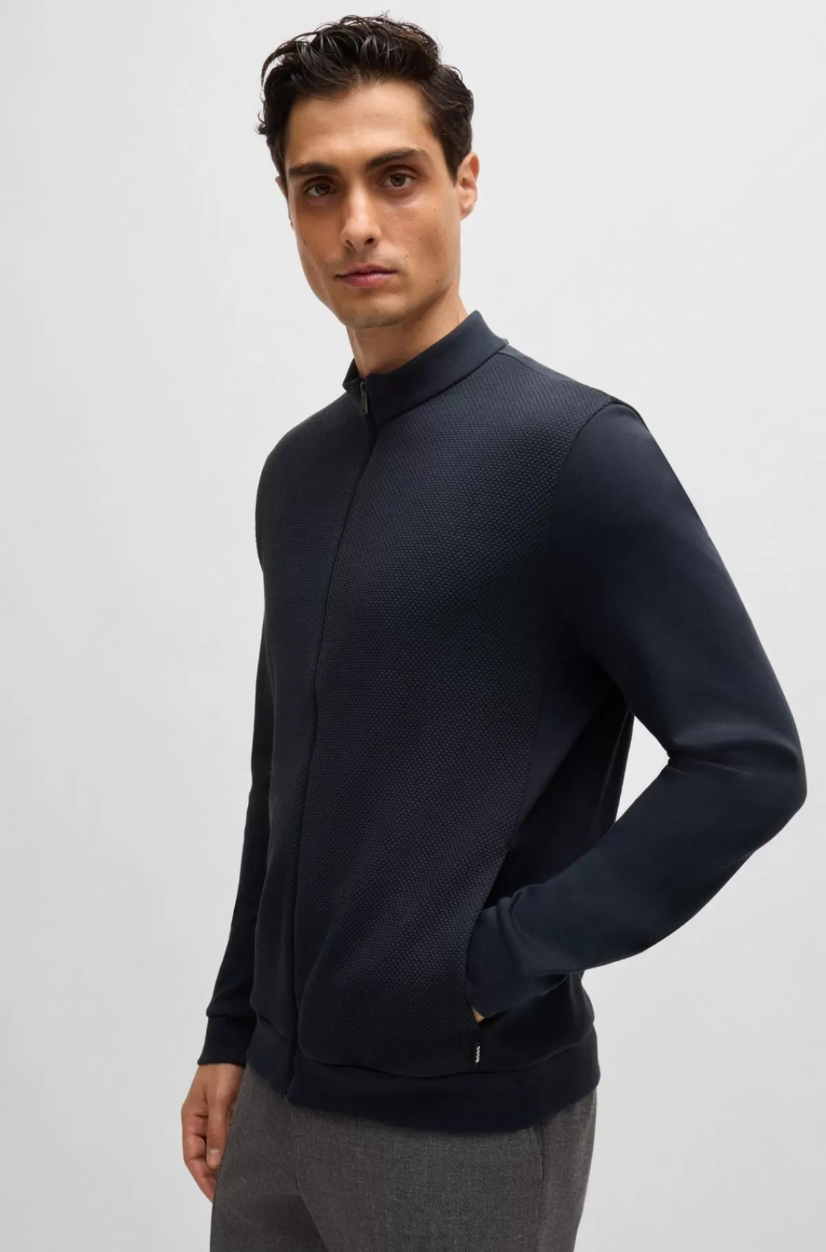 HUGO BOSS Sweatshirt I Pima-bomuld Med Lynlås Og Struktureret Front Mørkeblå Online