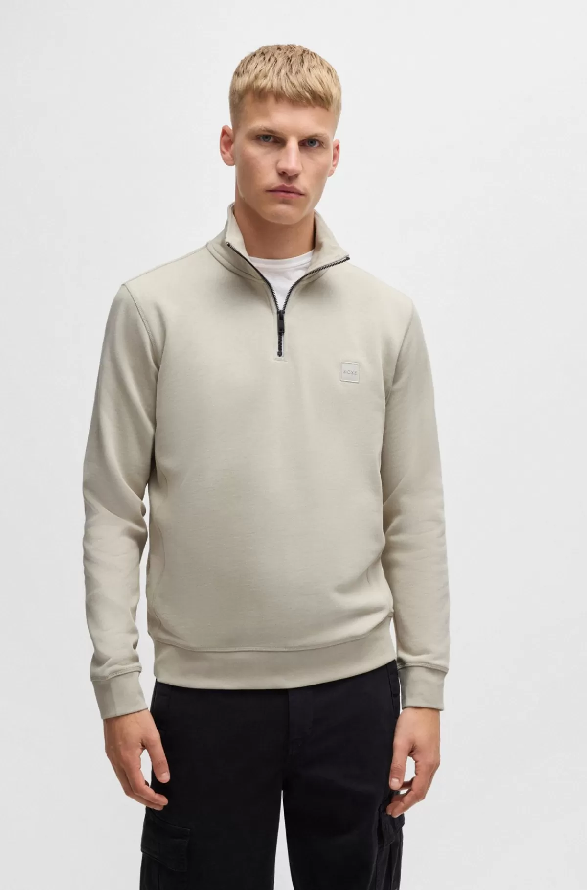 HUGO BOSS Sweatshirt I Sweatkvalitet Af Bomuld Med Lynlås I Halsen Og Logomærke Lys beige Discount