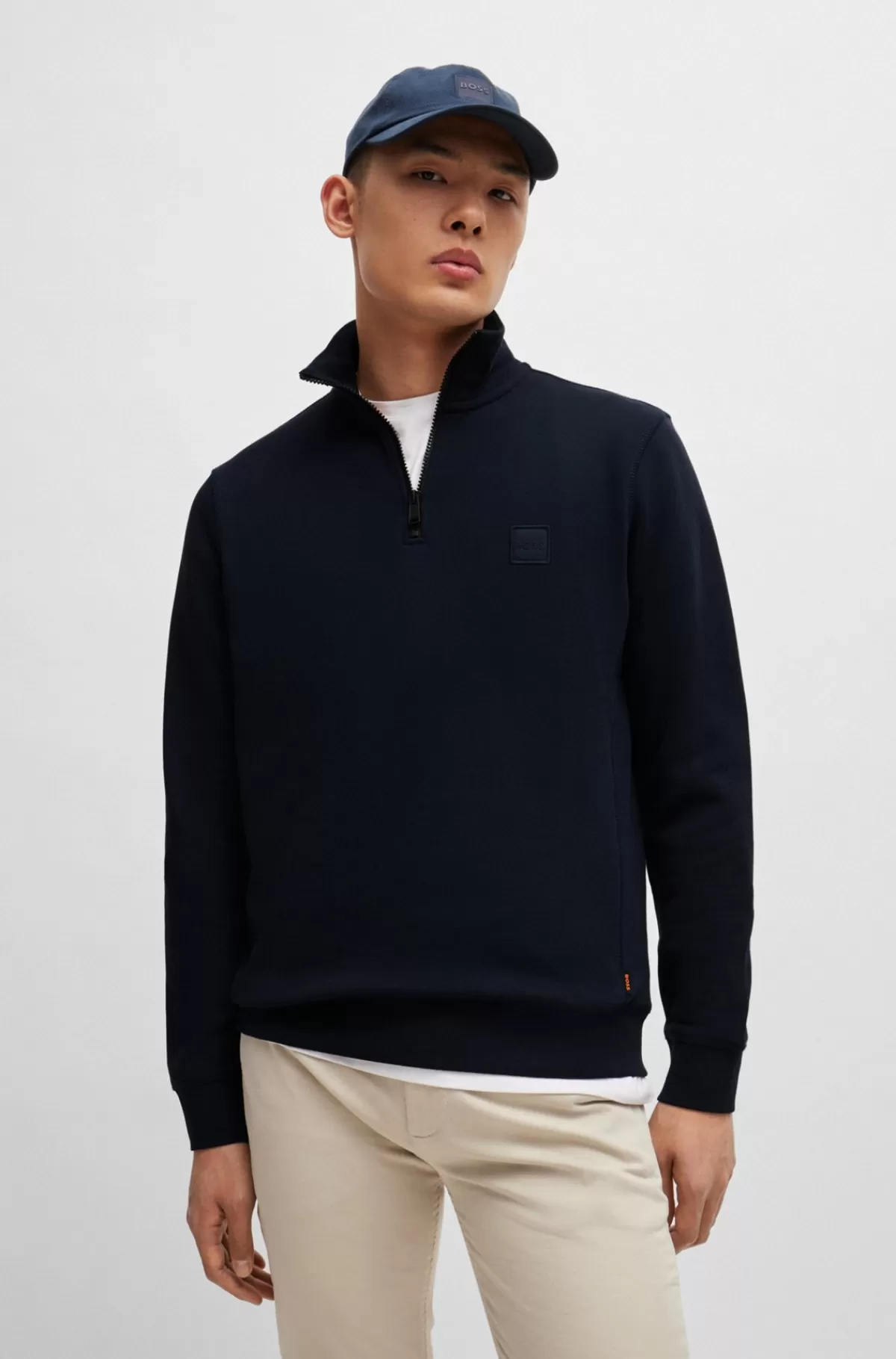 HUGO BOSS Sweatshirt I Sweatkvalitet Af Bomuld Med Lynlås I Halsen Og Logomærke Mørkeblå Best Sale