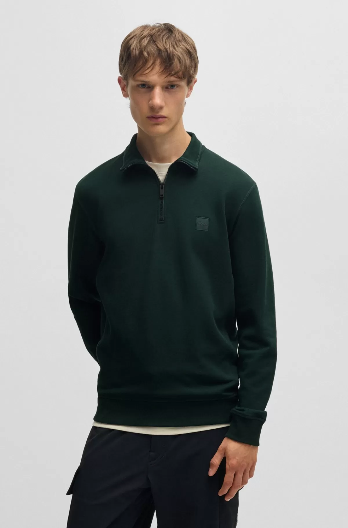 HUGO BOSS Sweatshirt I Sweatkvalitet Af Bomuld Med Lynlås I Halsen Og Logomærke Mørkegrøn Flash Sale