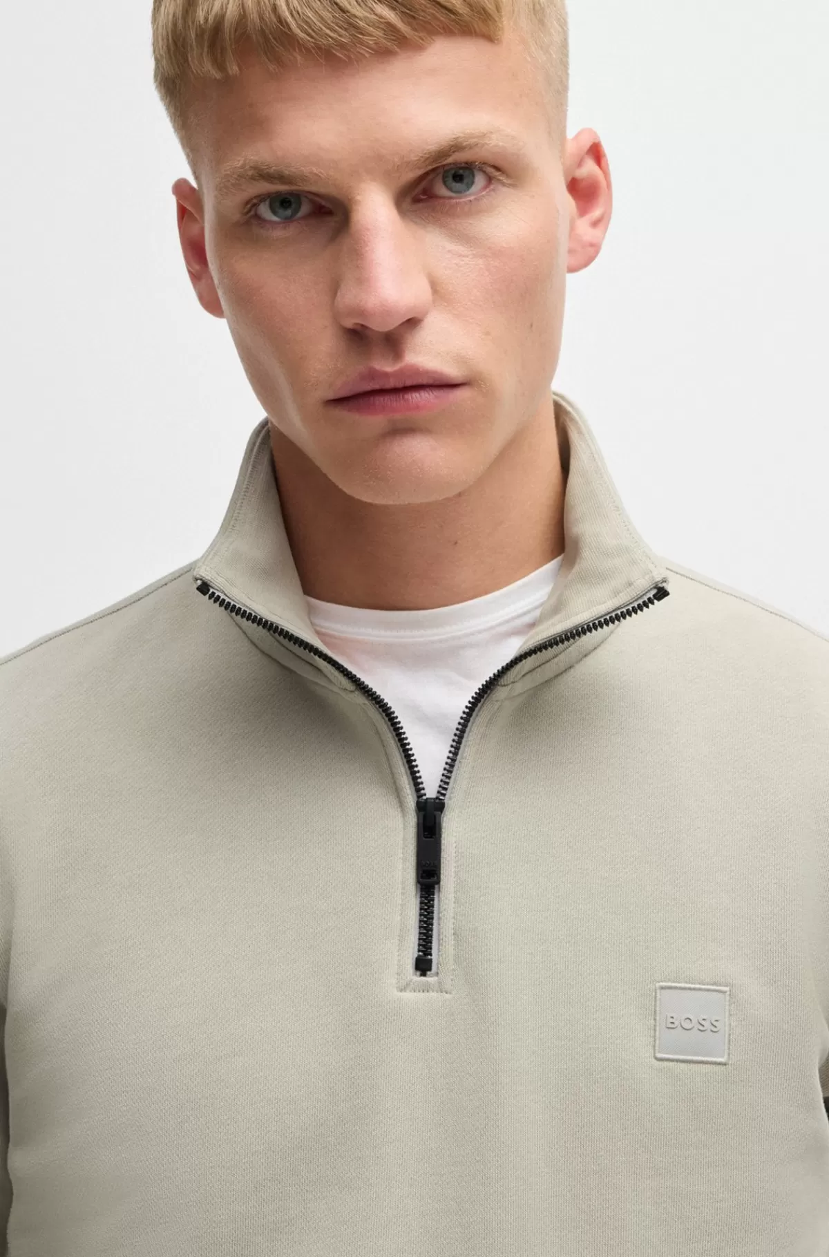 HUGO BOSS Sweatshirt I Sweatkvalitet Af Bomuld Med Lynlås I Halsen Og Logomærke Lys beige Discount