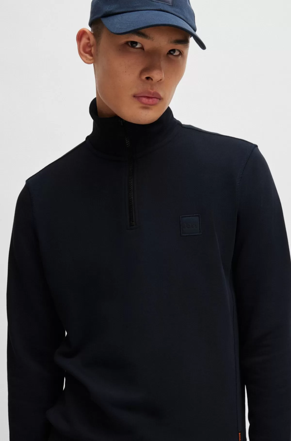 HUGO BOSS Sweatshirt I Sweatkvalitet Af Bomuld Med Lynlås I Halsen Og Logomærke Mørkeblå Best Sale