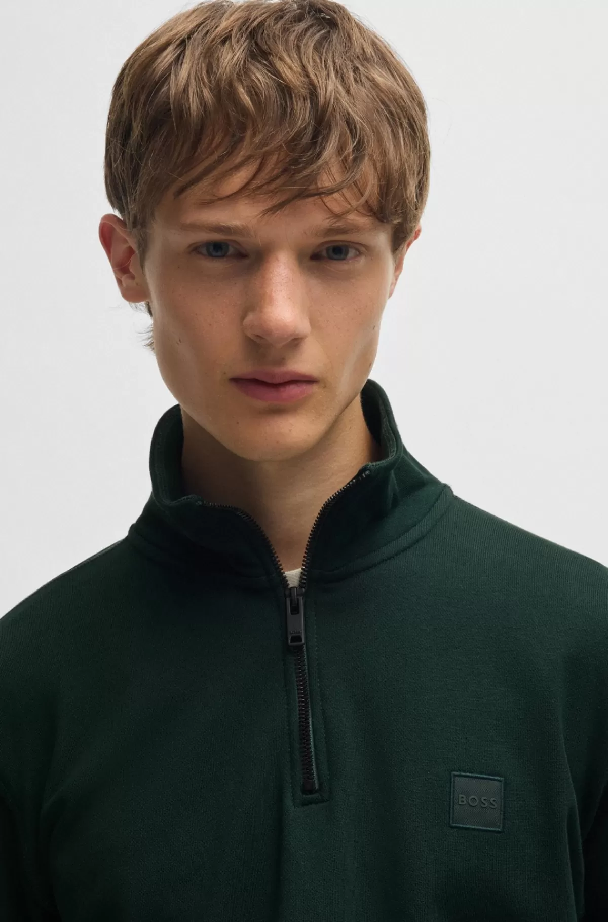 HUGO BOSS Sweatshirt I Sweatkvalitet Af Bomuld Med Lynlås I Halsen Og Logomærke Mørkegrøn Flash Sale