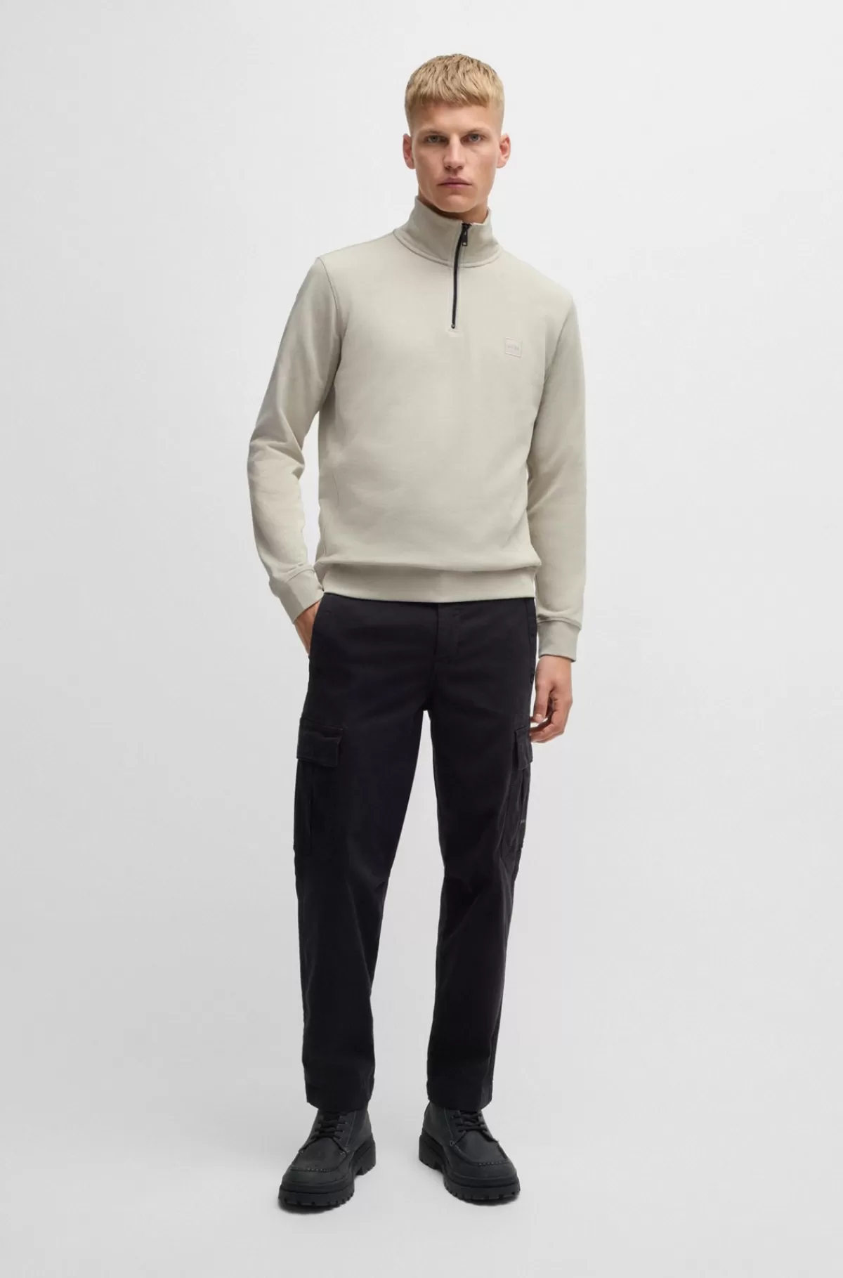 HUGO BOSS Sweatshirt I Sweatkvalitet Af Bomuld Med Lynlås I Halsen Og Logomærke Lys beige Discount