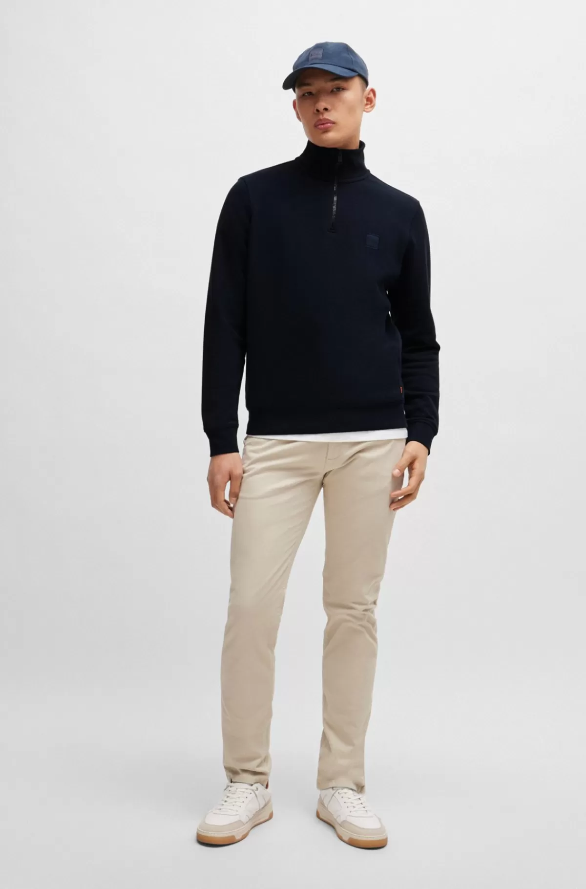 HUGO BOSS Sweatshirt I Sweatkvalitet Af Bomuld Med Lynlås I Halsen Og Logomærke Mørkeblå Best Sale