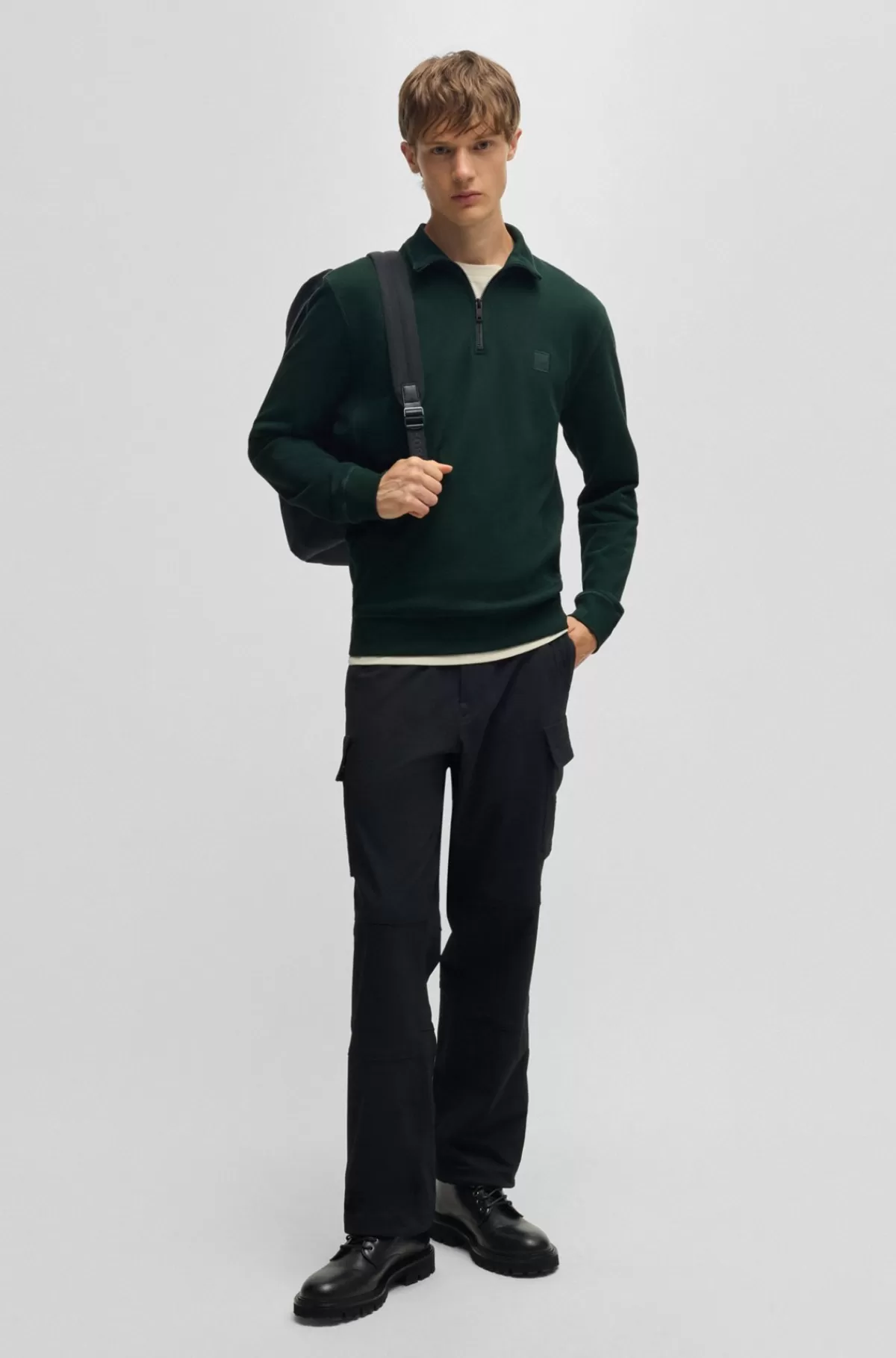 HUGO BOSS Sweatshirt I Sweatkvalitet Af Bomuld Med Lynlås I Halsen Og Logomærke Mørkegrøn Flash Sale