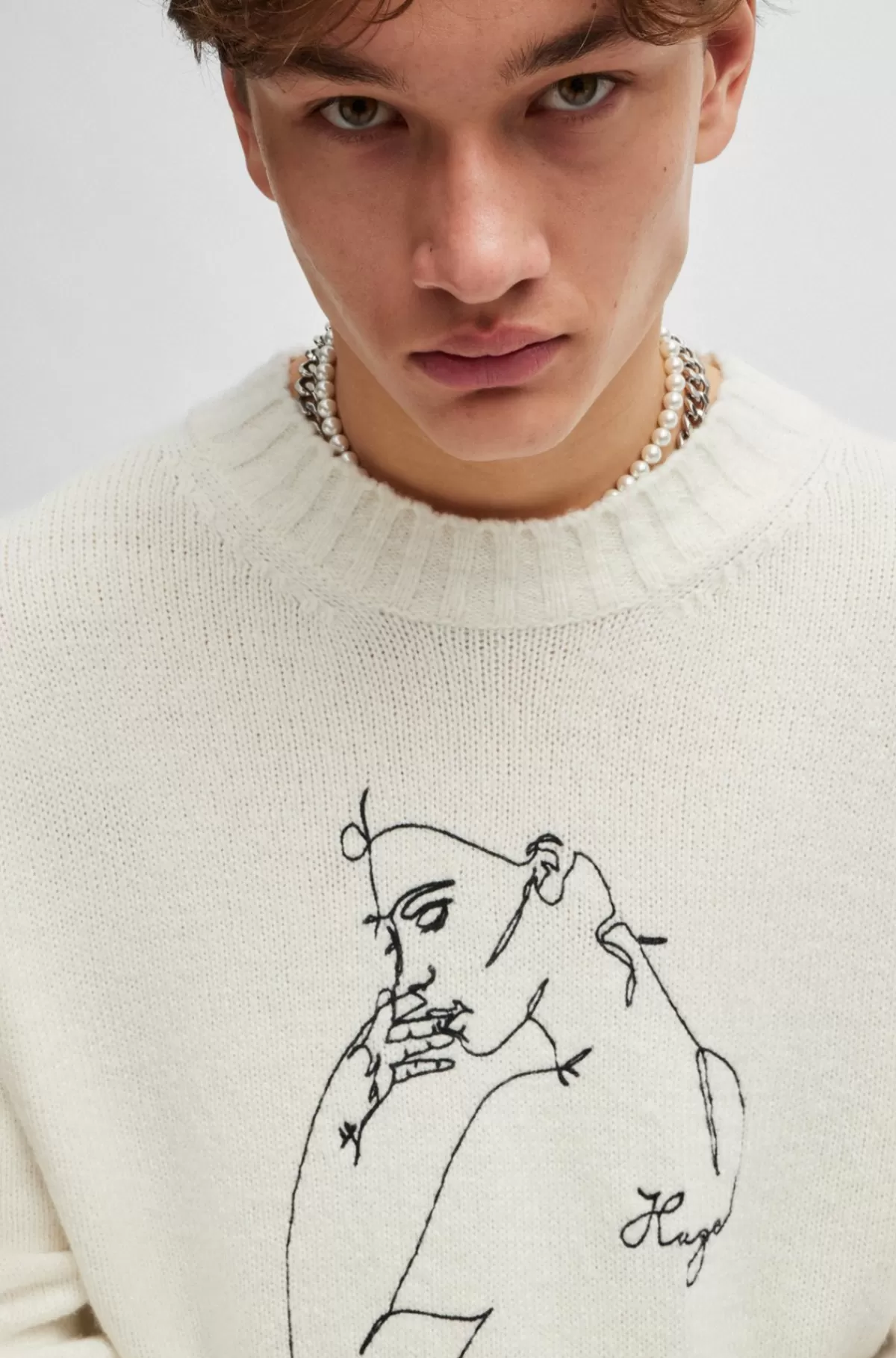 HUGO BOSS Sweatshirt I Uldblanding Med Oversize Fit Og Print Med Ansigt Hvid Shop
