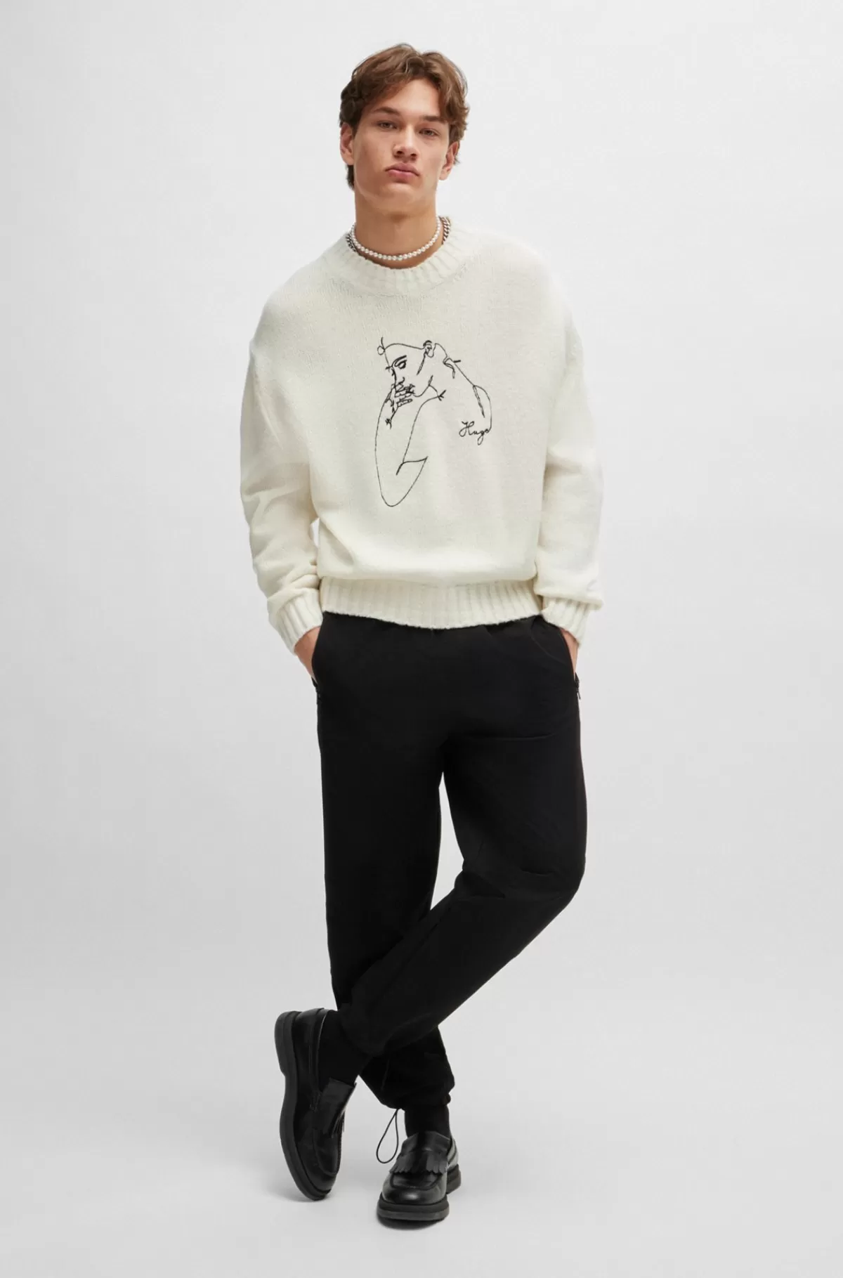 HUGO BOSS Sweatshirt I Uldblanding Med Oversize Fit Og Print Med Ansigt Hvid Shop