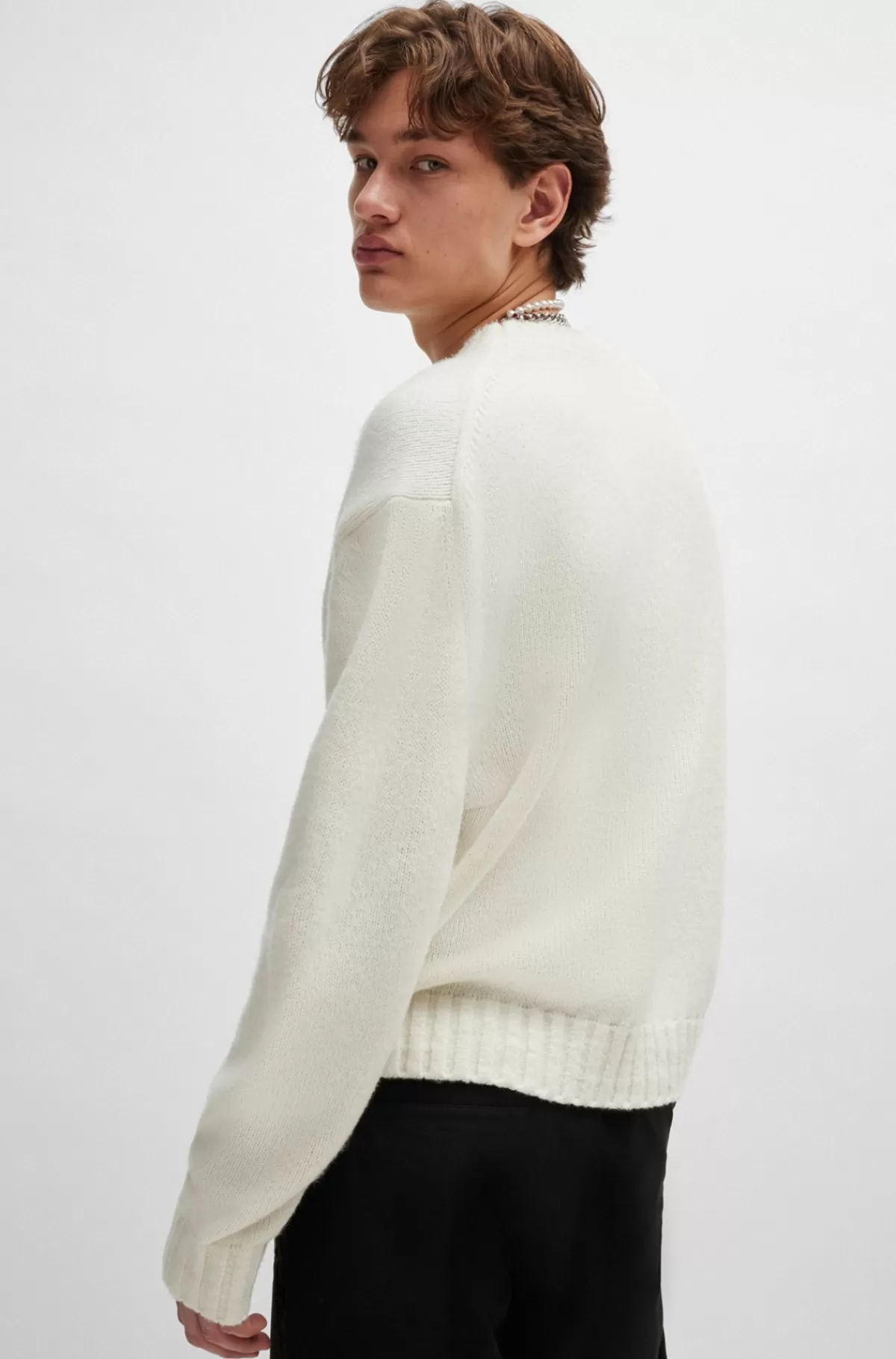 HUGO BOSS Sweatshirt I Uldblanding Med Oversize Fit Og Print Med Ansigt Hvid Shop
