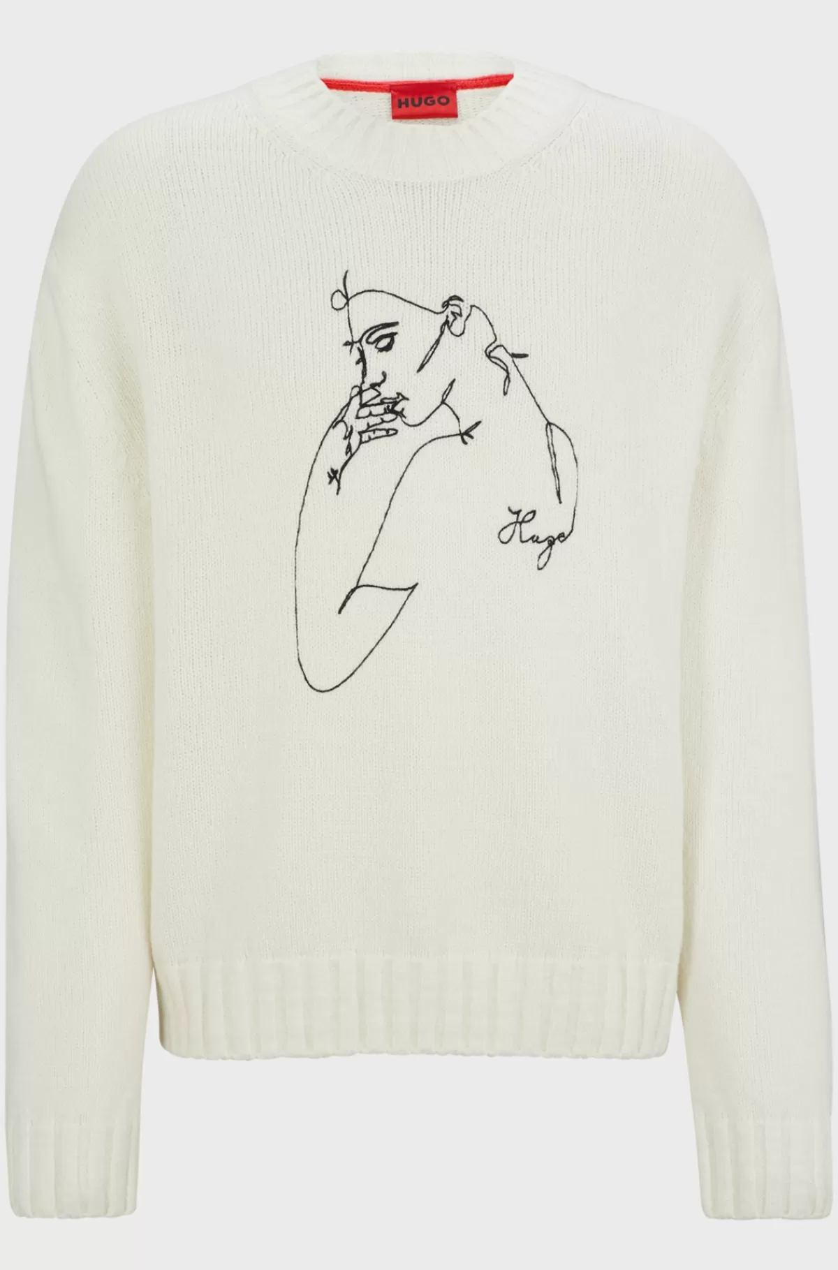 HUGO BOSS Sweatshirt I Uldblanding Med Oversize Fit Og Print Med Ansigt Hvid Shop