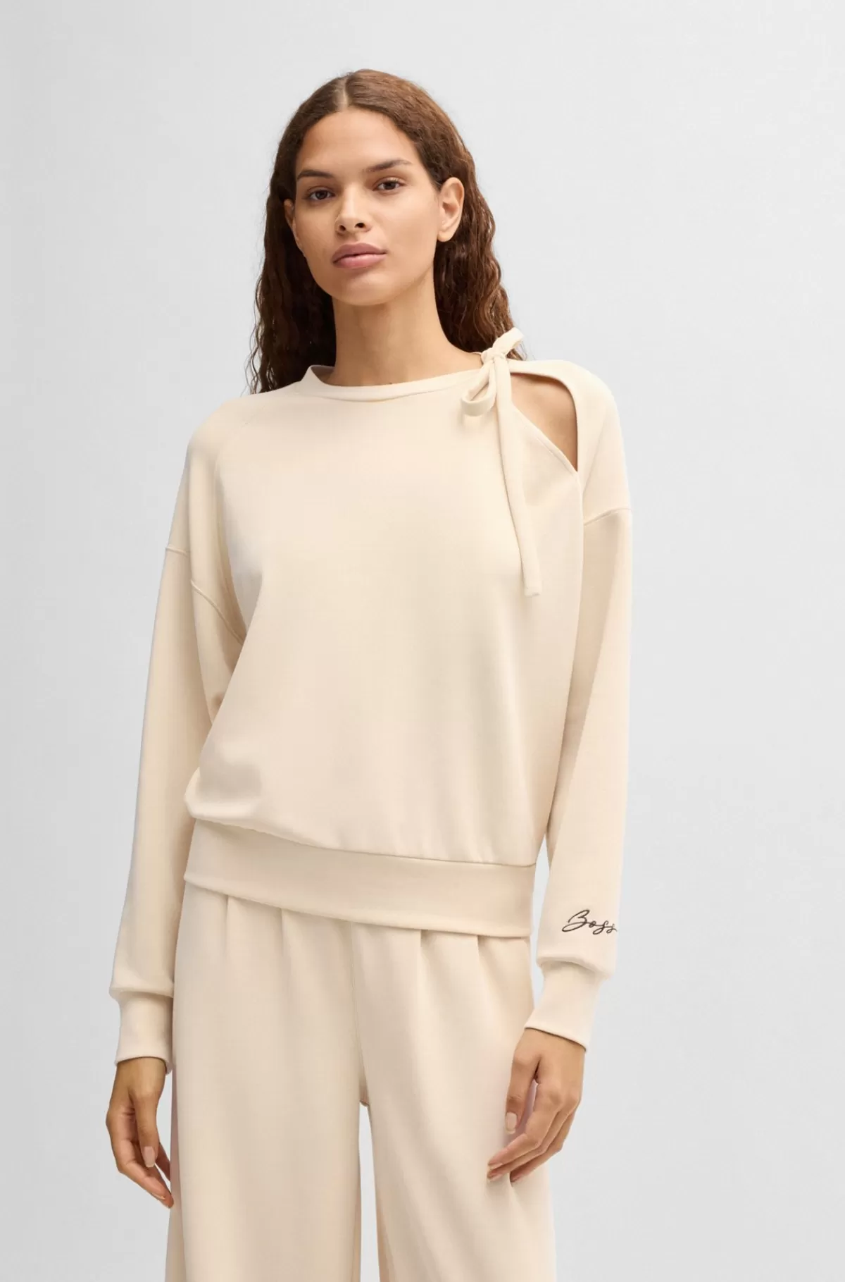 HUGO BOSS Sweatshirt Med Bindebånd I Halsen Og Håndskrevet Logo Lys beige Sale
